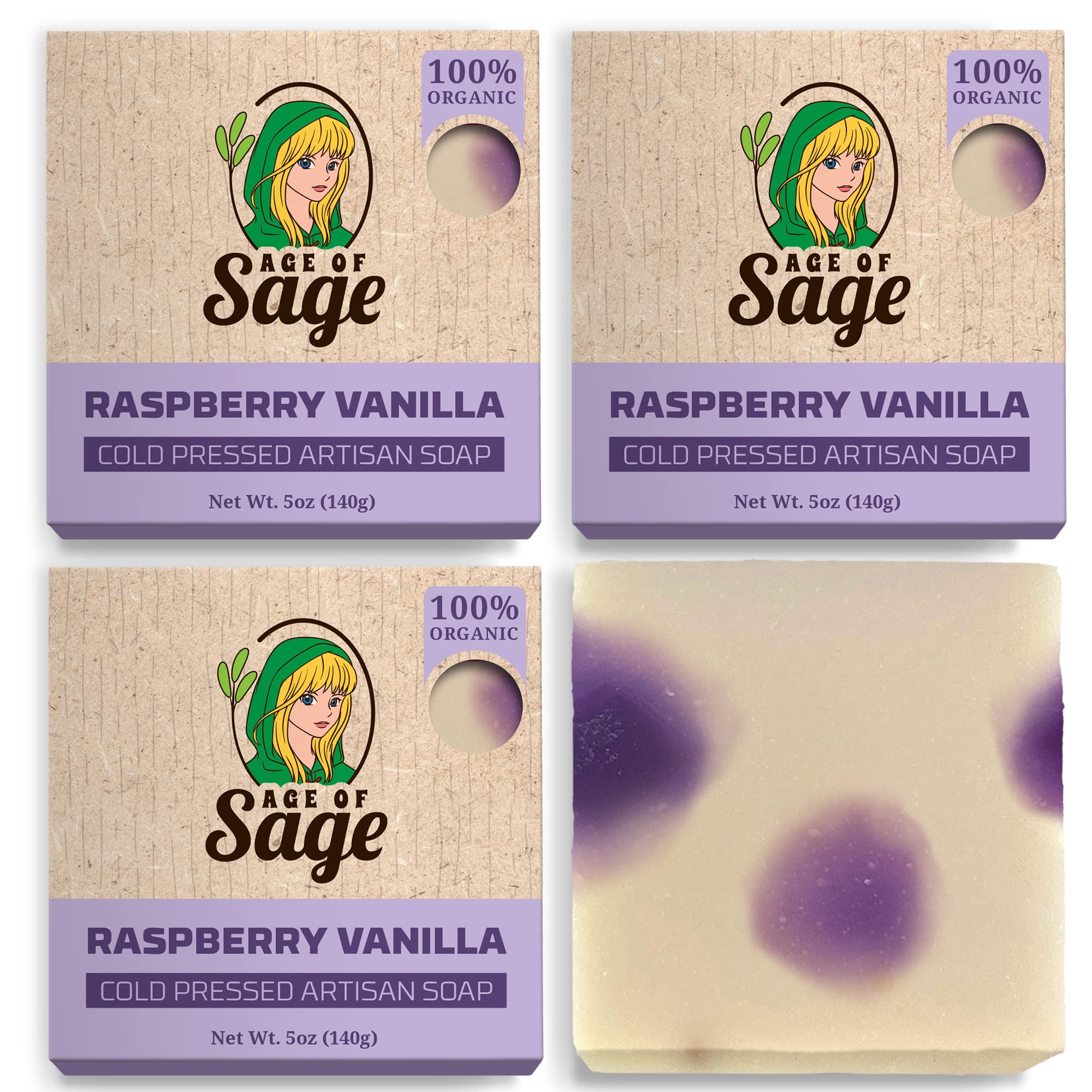 Age of Sage Natural Bar Soap Gift Set for Women - Vegan Bath Handmade Cold Process Artisan Soap with Essential Oil, All Moisturizing Wash Soaps, Fragrant Raspberry Vanilla Scent (4 Pack)