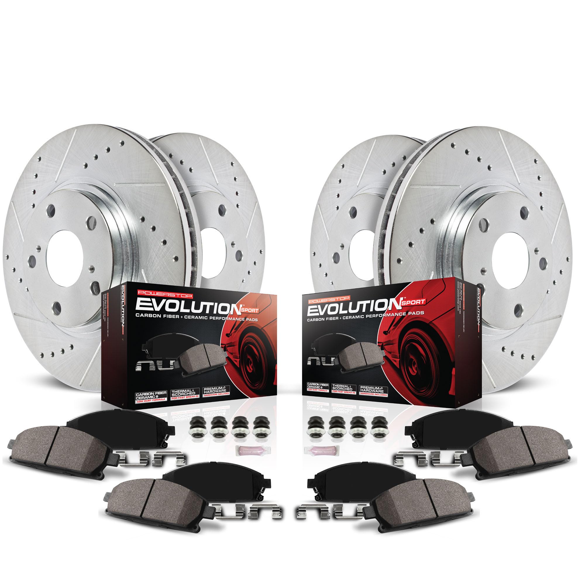 Power Stop Brake Kit For Honda Civic - Front and Rear Z23 Carbon Fiber Brake Pads with Drilled and Slotted Brake Rotors Replacement, K7574