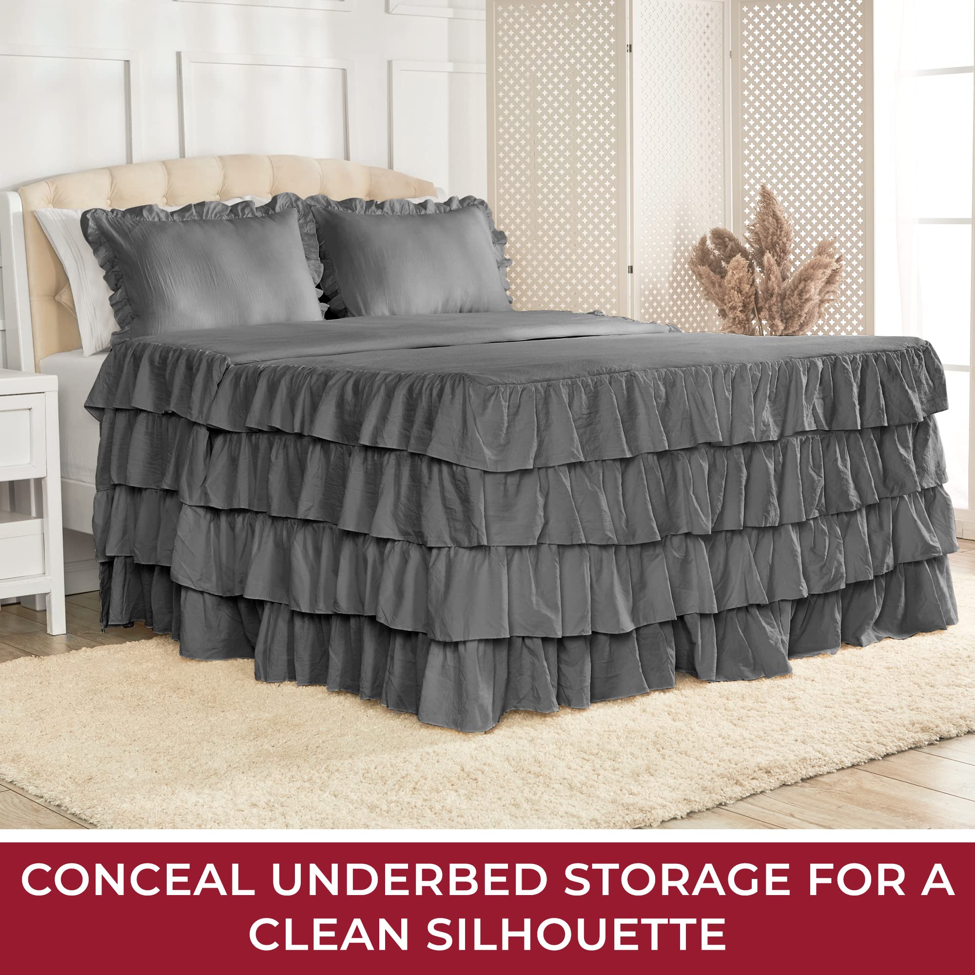 Mellanni Multi-Ruffled Bedspread Twin Set - 2-Pieces: Ruffle Bedspread & 1 Sham - 30" Drop Ruffle Bedskirt for Total Coverage - Ultra-Soft Bedding (Twin, Gray)