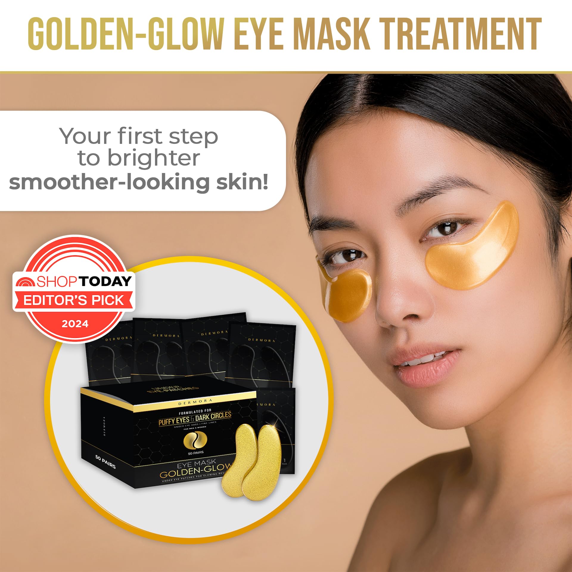 DERMORA Golden Glow Under Eye Patches (50 Pairs Eye Gels) - Rejuvenating Treatment for Dark Circles, Puffy Eyes, Refreshing, Revitalizing, Travel, Wrinkles