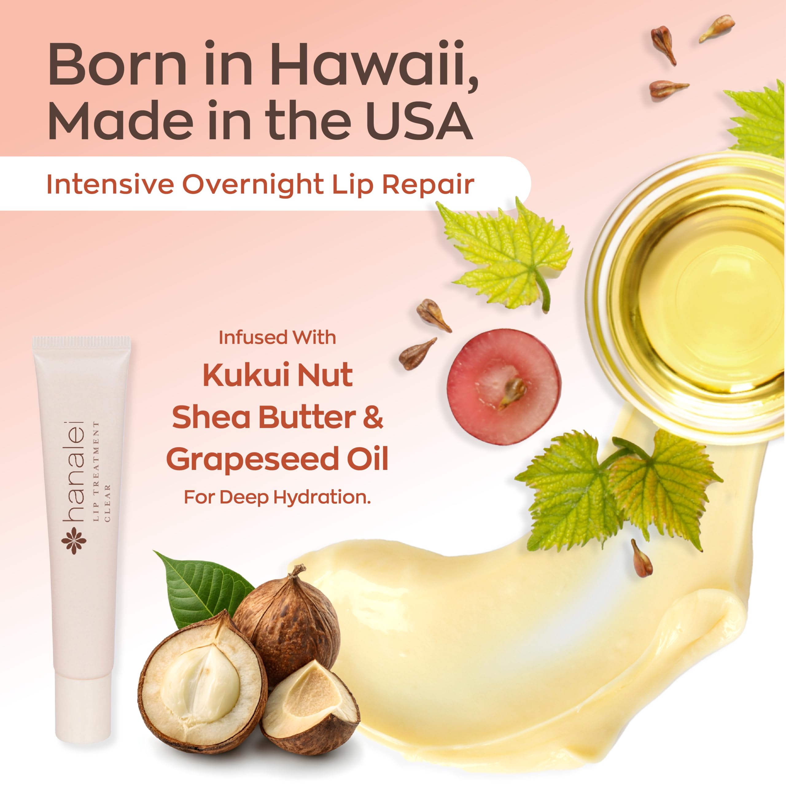 Hanalei Lip Treatment for Dry, Chapped Lips – Intensive Overnight Moisturizer with Kukui Oil, Shea Butter & Grapeseed Oil – Hydrating Balm for Healing Cracks – Clear Tint, Full-Size 15g – Cruelty-Free