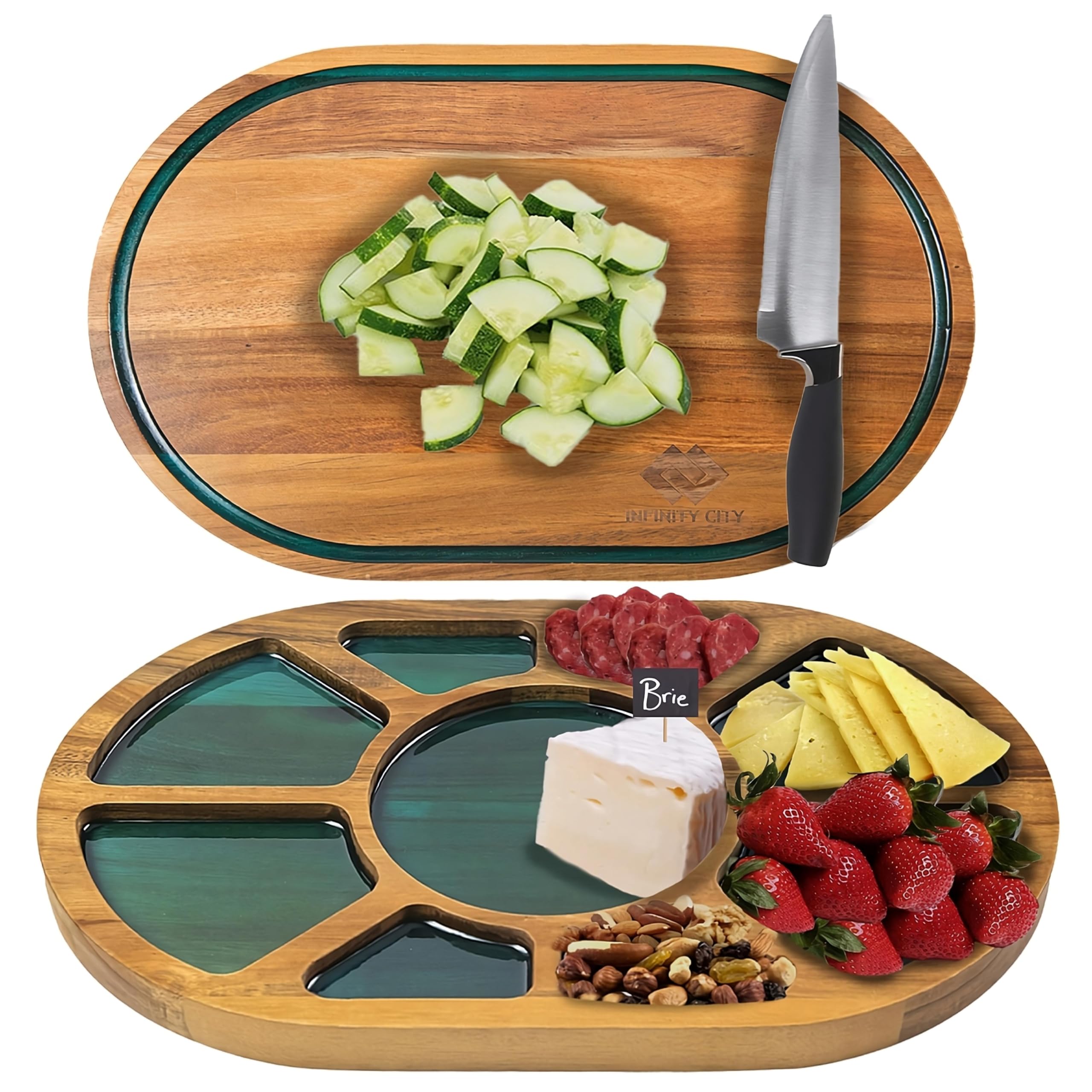 INFINITY CITY Charcuterie Boards, Cheese Board and Cutting Board 2 in 1, Acacia Wood Serving Tray With Resin for Kitchen