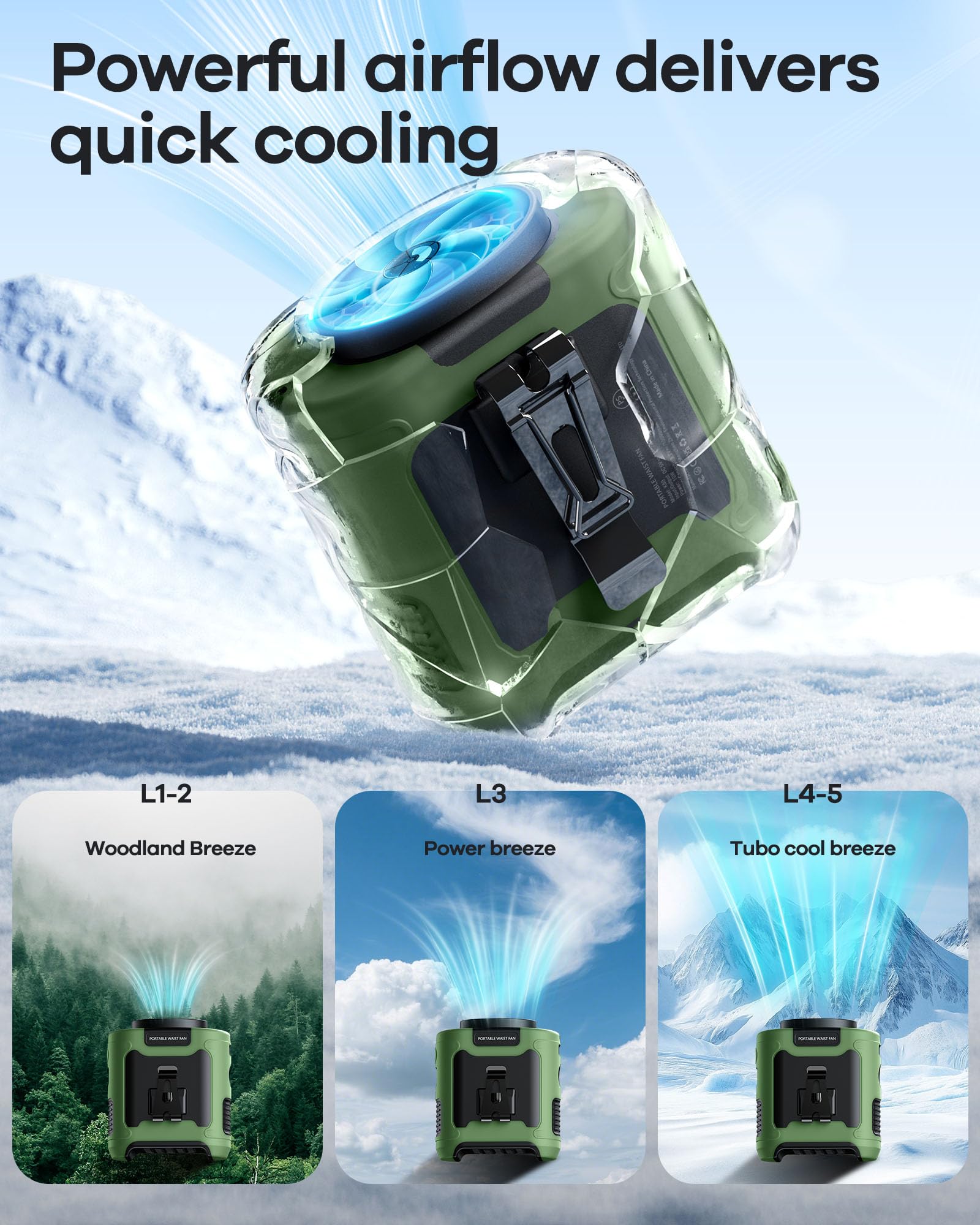 morsisho 1 Pack Green Portable Waist Fan and 1 Pack Black Tactical Nylon Belt