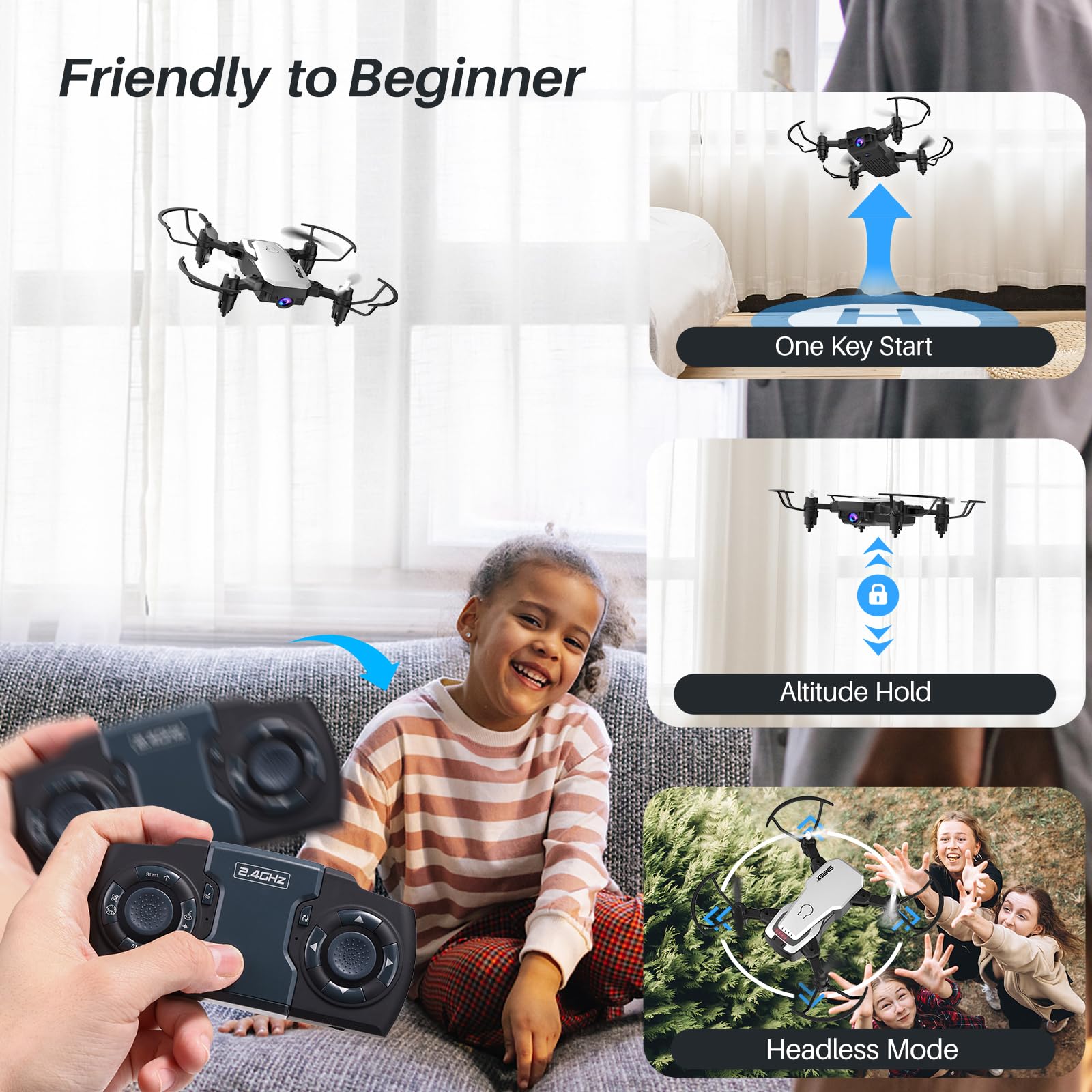 SIMREX X300C Mini Drone with Camera 720P HD FPV, RC Quadcopter Foldable, Altitude Hold, 3D Flip, Headless Mode, Gravity Control and 2 Batteries, Gifts for Kids, Adults, Beginner, White