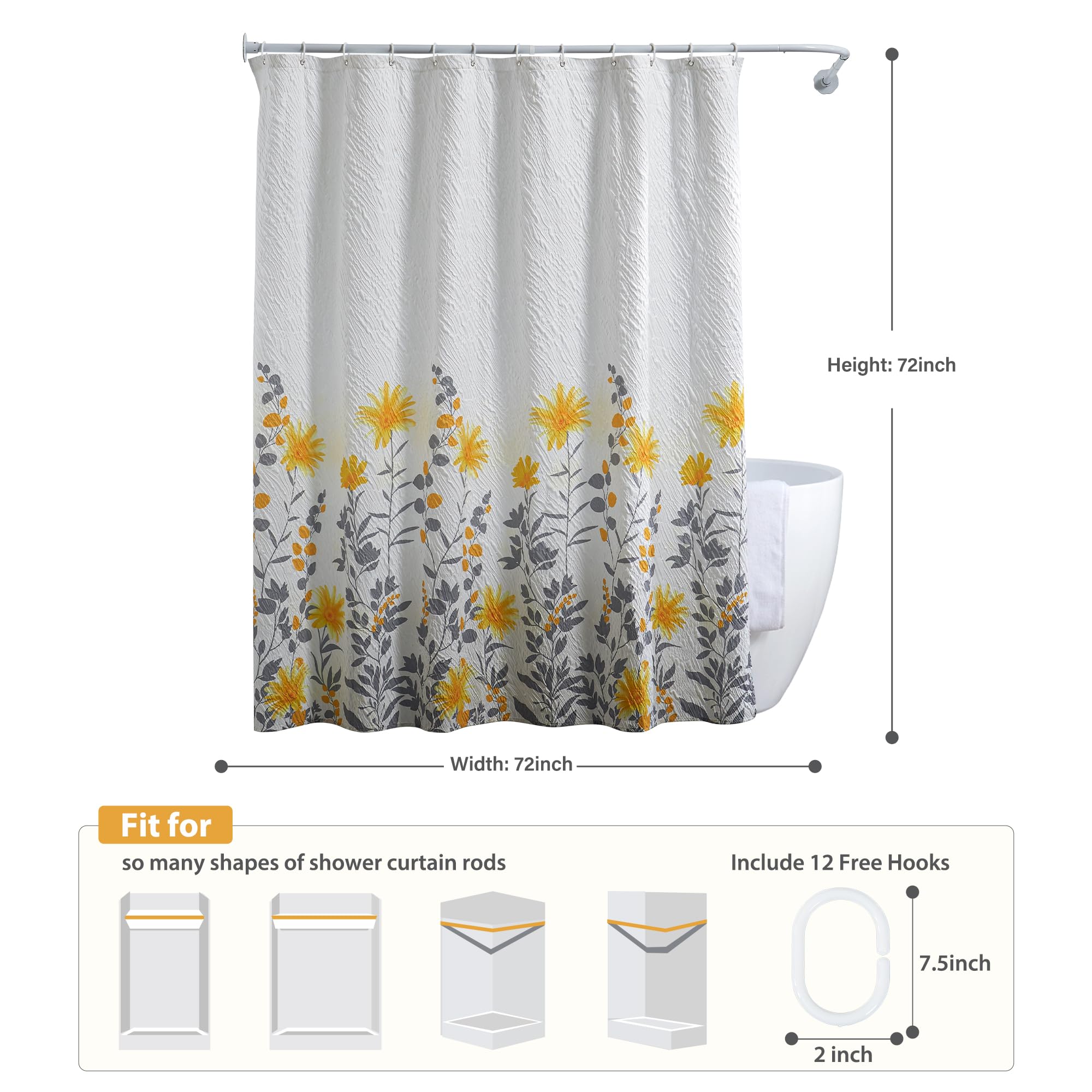 Yellow Floral Shower Curtain Set for Bathroom, Boho Sunflower Shower Curtain, Yellow & Gray Textured Shower Curtains, Fabric Flower Shower Curtain Botanical Bath Curtain, Water Repellent 72x72Inch