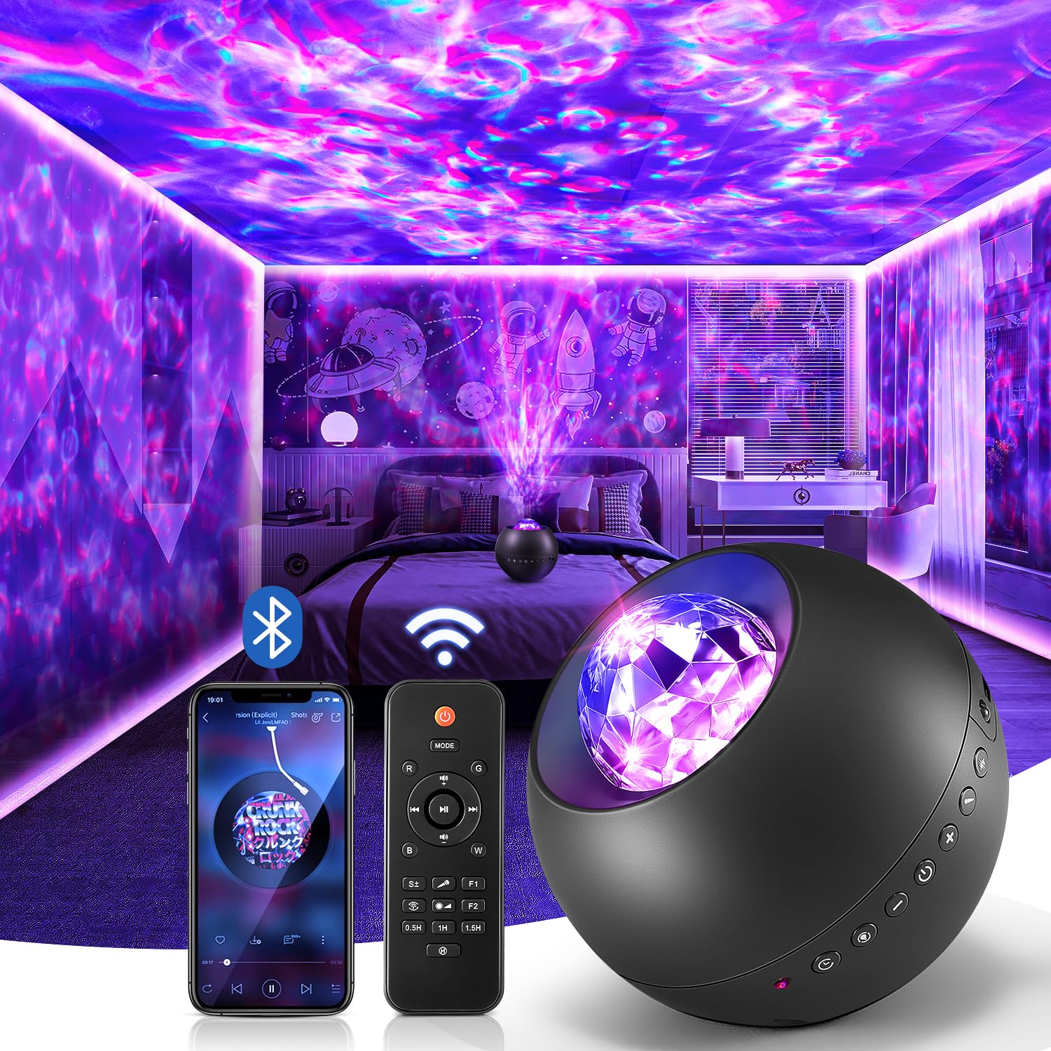 One Fire Galaxy Projector,White Noise Galaxy Light Projector,Bluetooth Music Kids Night Light Projector,Remote Timer Galaxy Projector for Bedroom Decor,Room Lights Cool Stuff Gifts For Teen Girl Stuff