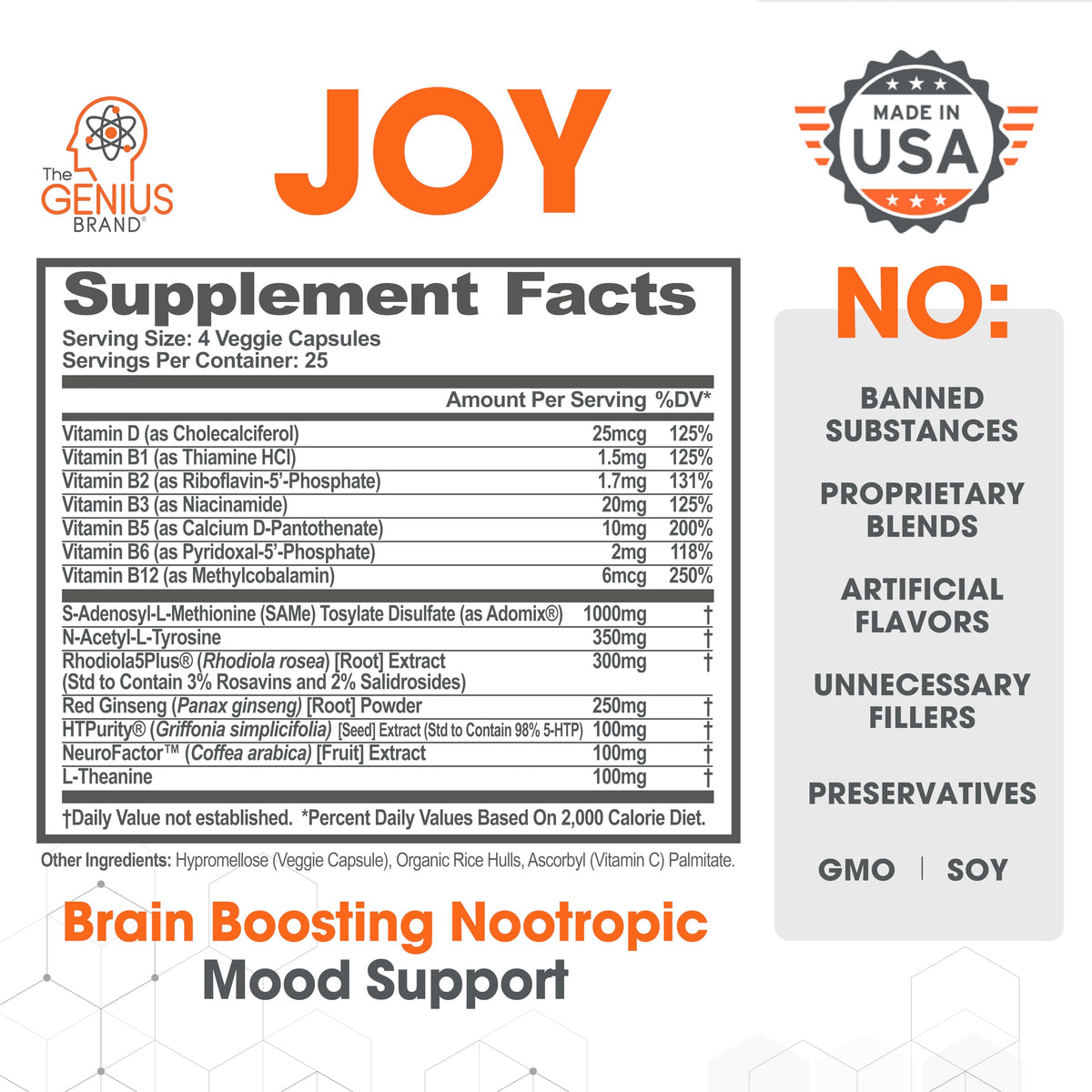 Genius Joy, Nootropic Mood Enhancer Supplement - Support Cognitive Health, Enhance Mood & Neural Function with Brain Boosting L-Theanine, Panax Ginseng & SAM-e - Organic, Non-GMO, & Gluten-Free