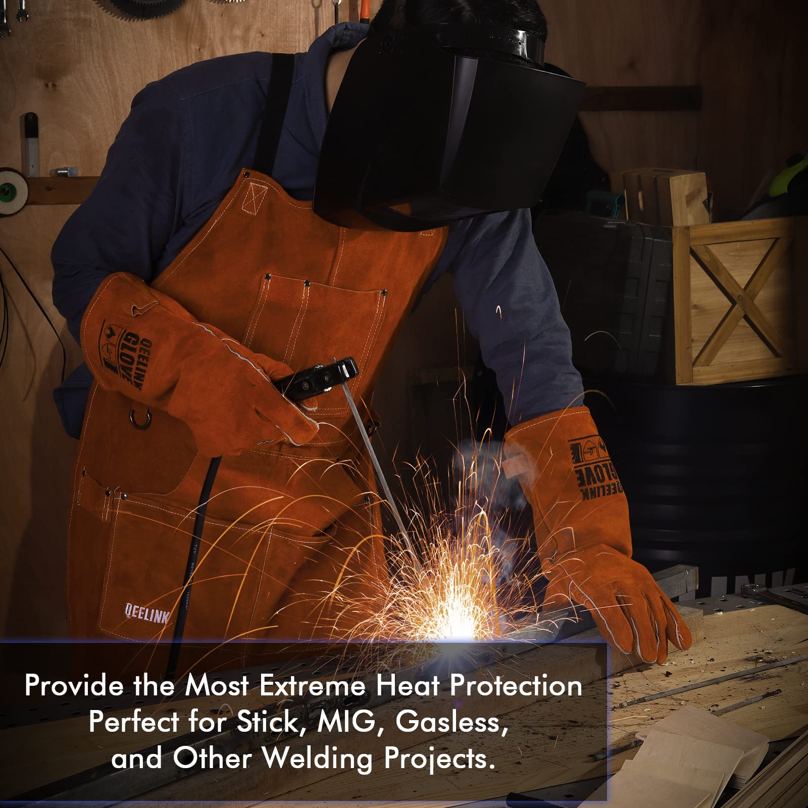 QeeLink Welding Gloves - Heat/Fire Resistant Lined Leather and Fireproof Stitching-Fireplace/BBQ/Gardening for Men or Women (14-inch, Brown)