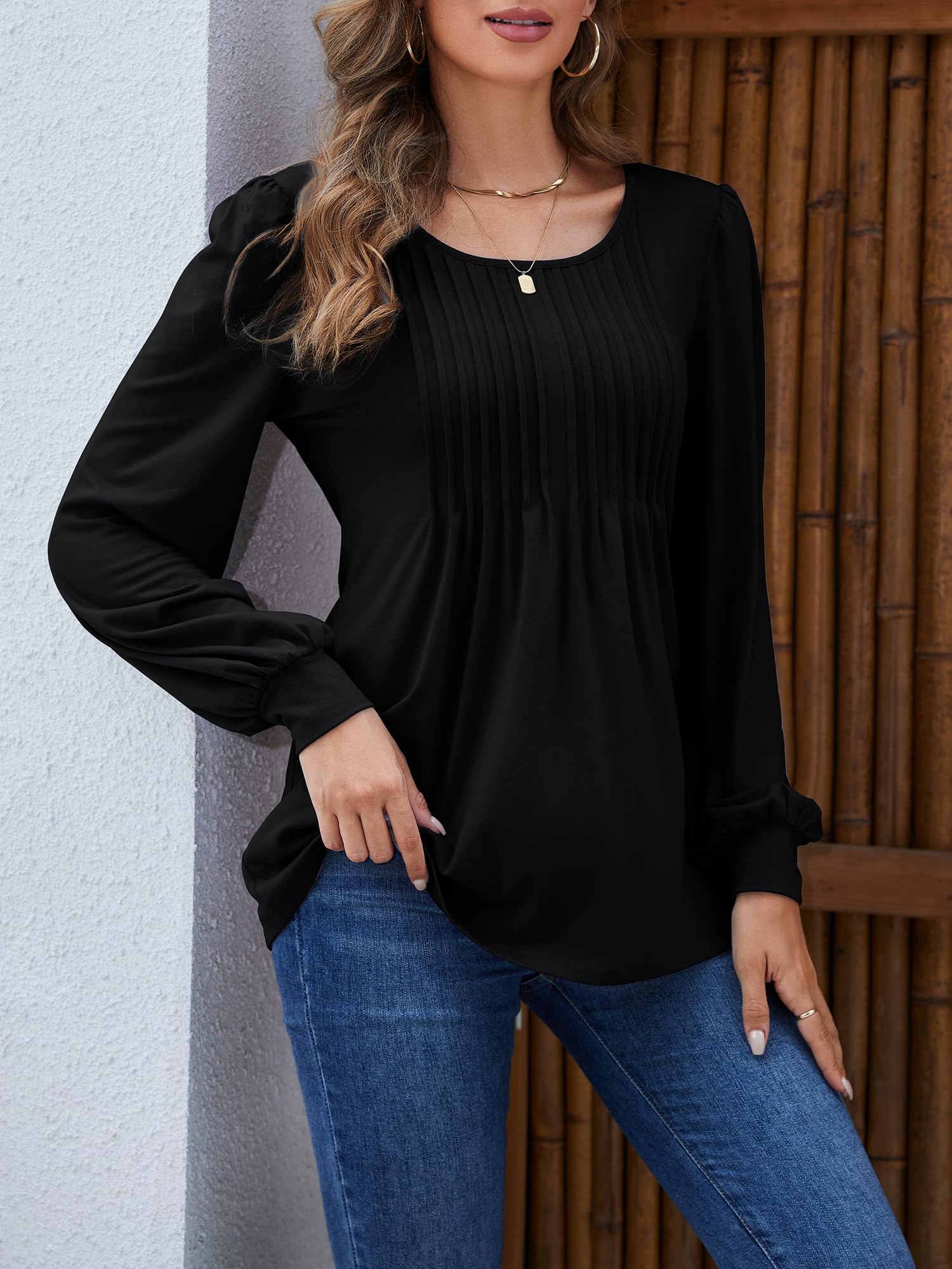 Long Sleeve Shirts for Women Fall Fashion 2025 Womens Tunic Tops Pleated Crew Neck Puff Sleeve Blouses Dressy Casual (Black,L)