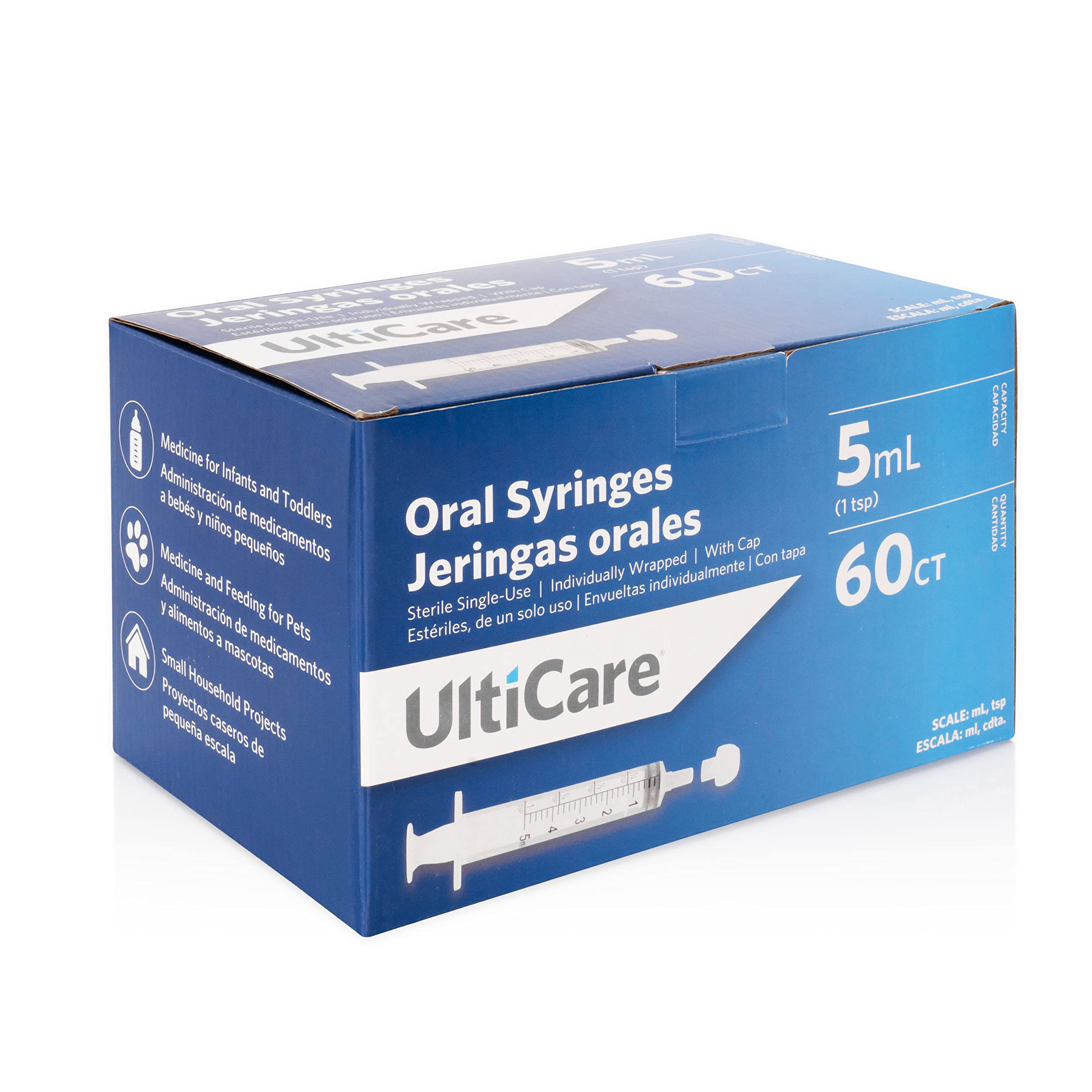 UltiCare 5mL (1 TSP) Oral Syringe – Uses Include Oral Administration of Medicine for Infants, Toddlers and Small Pets, and Small HH Projects. Oral Tip with Cap, Sterile Individually Wrapped, 60 Count