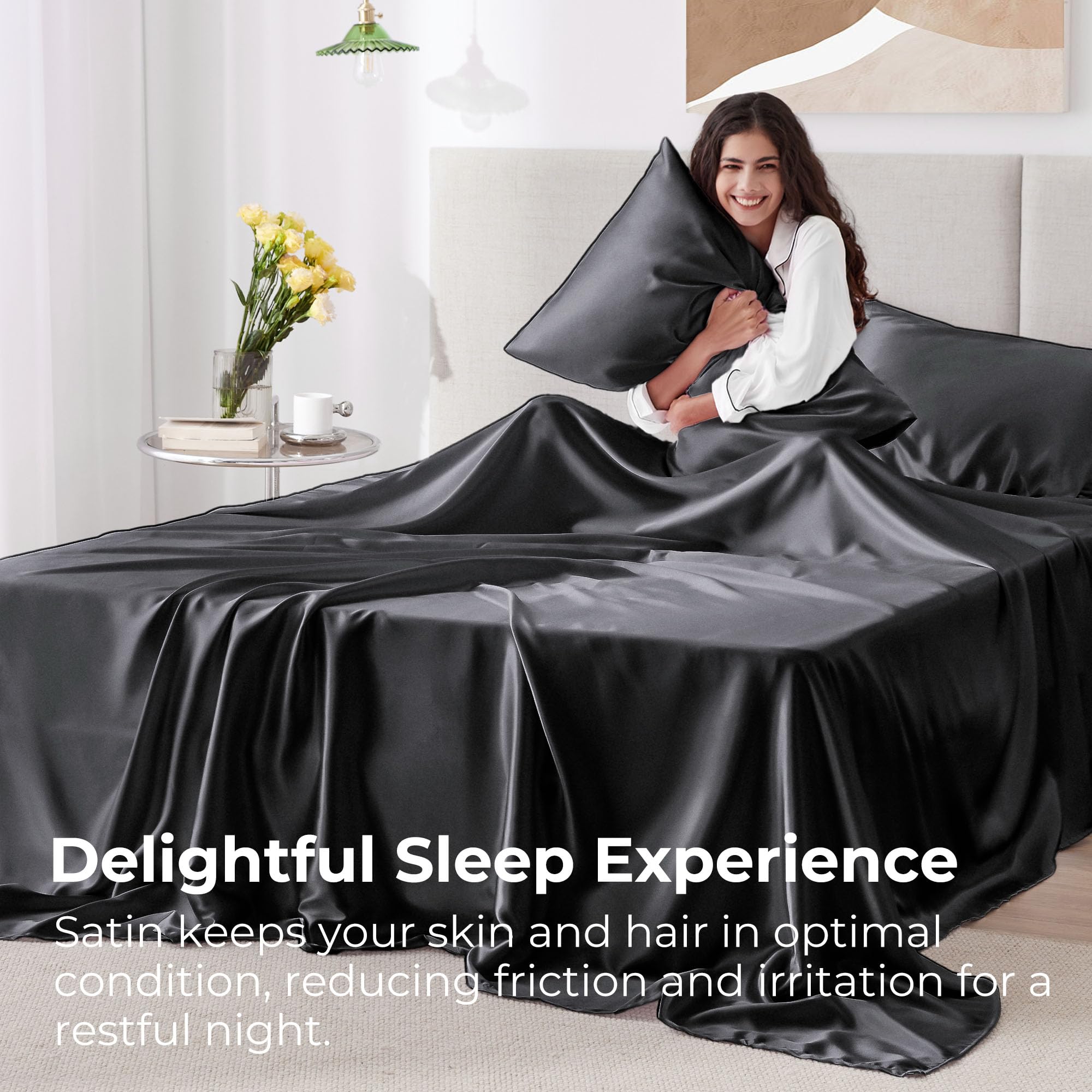 Seasonwood Satin Sheets Set Queen Size 4 Pieces 1800 Microfiber 2 Pillowcase 20''x30'' Black Satin Sheets