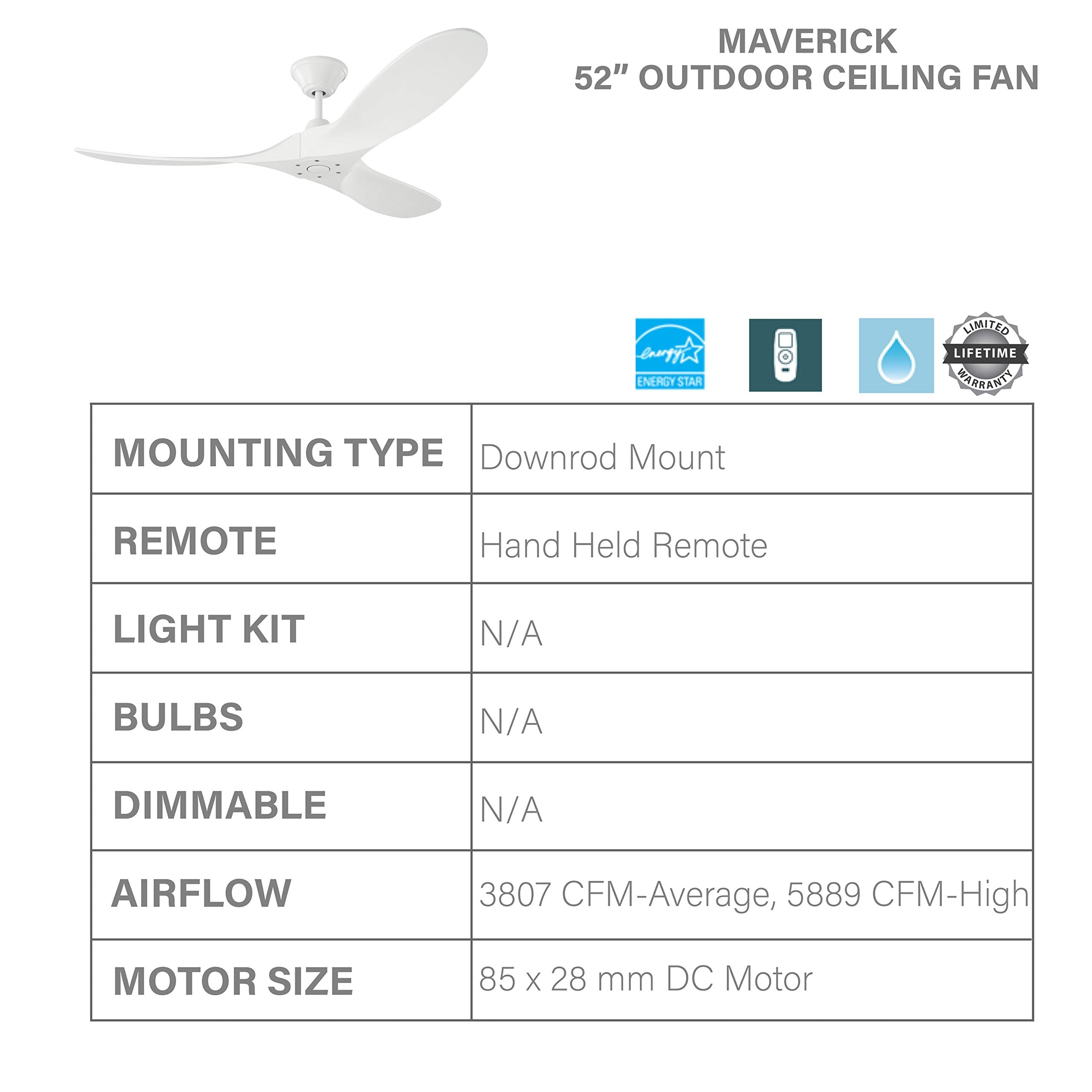 Monte Carlo 3MAVR52RZW Maverick II Energy Star 52" Outdoor Ceiling Fan with Remote Control, 3 Balsa Wood Blades, Matte White