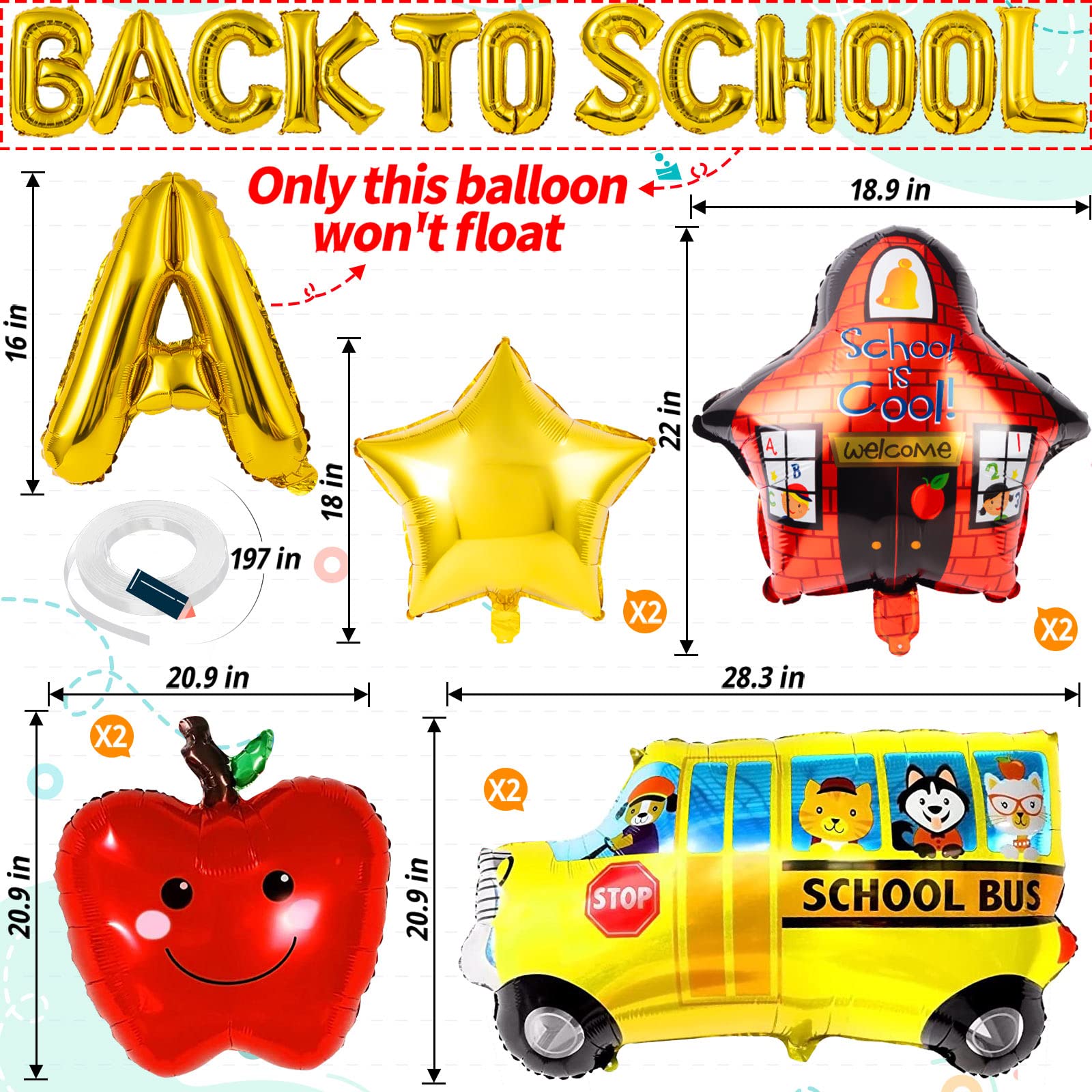 20Pcs Back to School Balloon, Welcome School Bus Foil Balloons, Happy Apple Helium Mylar Balloons Bulk for School Party Decorations