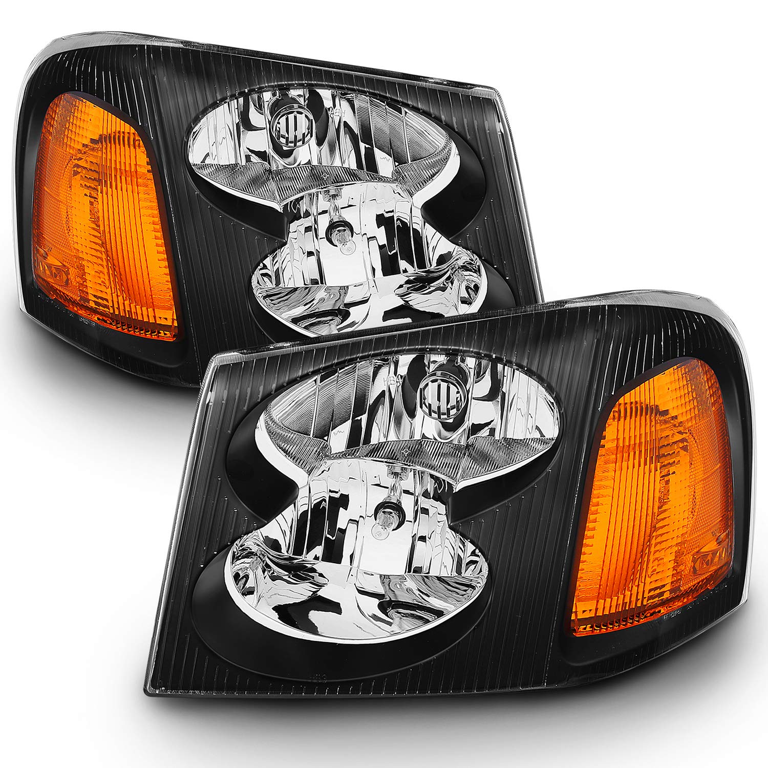 AmeriLite Black Replacement Headlights Set For GMC Envoy - Passenger and Driver Side with Hi/Lo Beam Bulbs