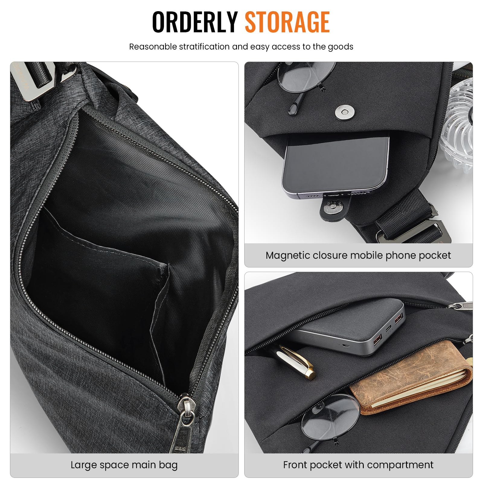 WANDER PLUS Anti Theft Crossbody Bag, Sling Chest Bags for Women Men, Shoulder Bag Anti-theft Design for Travel, Sport, Work (Black)