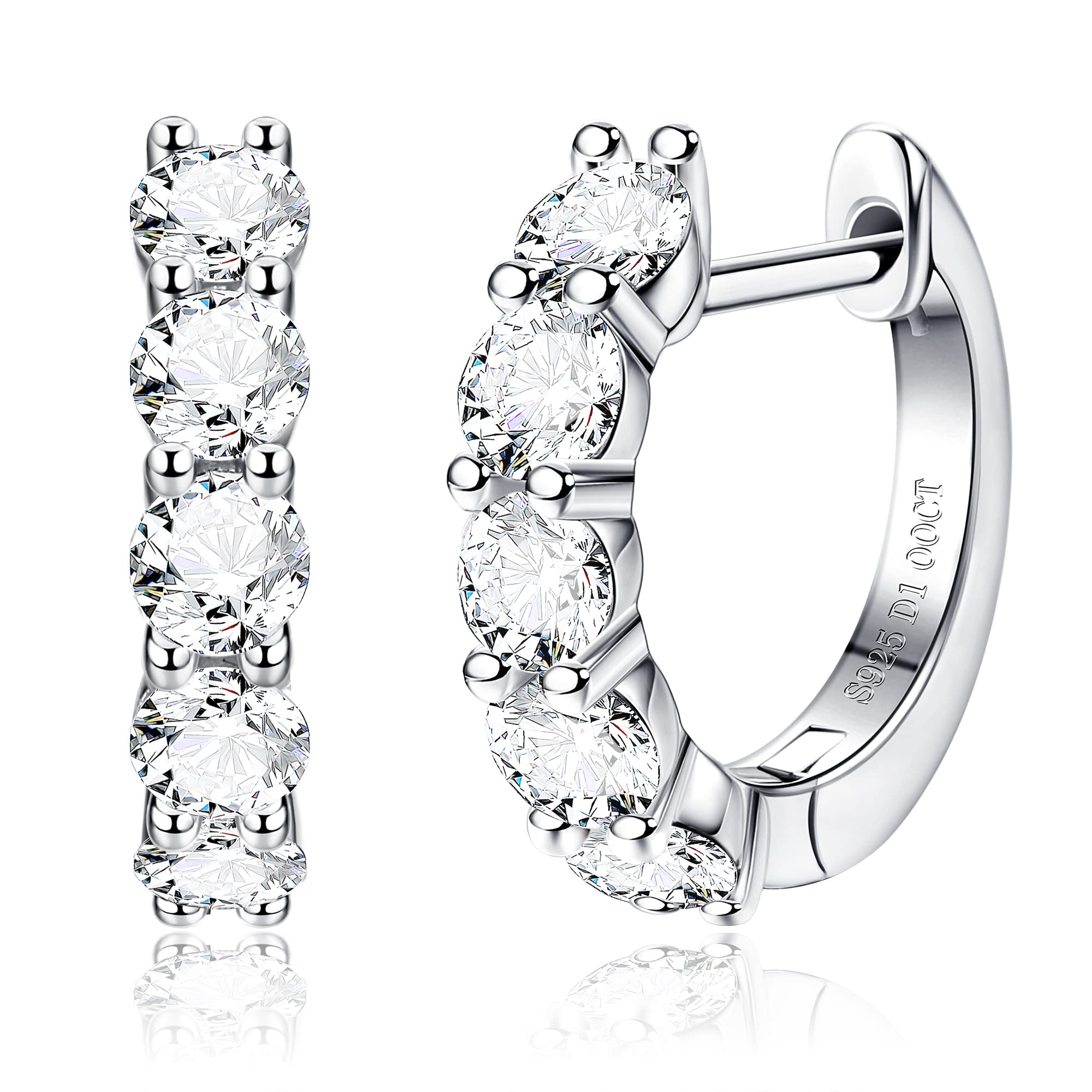 Moissanite Hoop Earrings,2.0ct D Color Brilliant Round Cut Lab Created Diamond Earrings 18K White Gold Sterling Silver Huggie Earring for Women Men Wedding Earrings Silver (Silver)