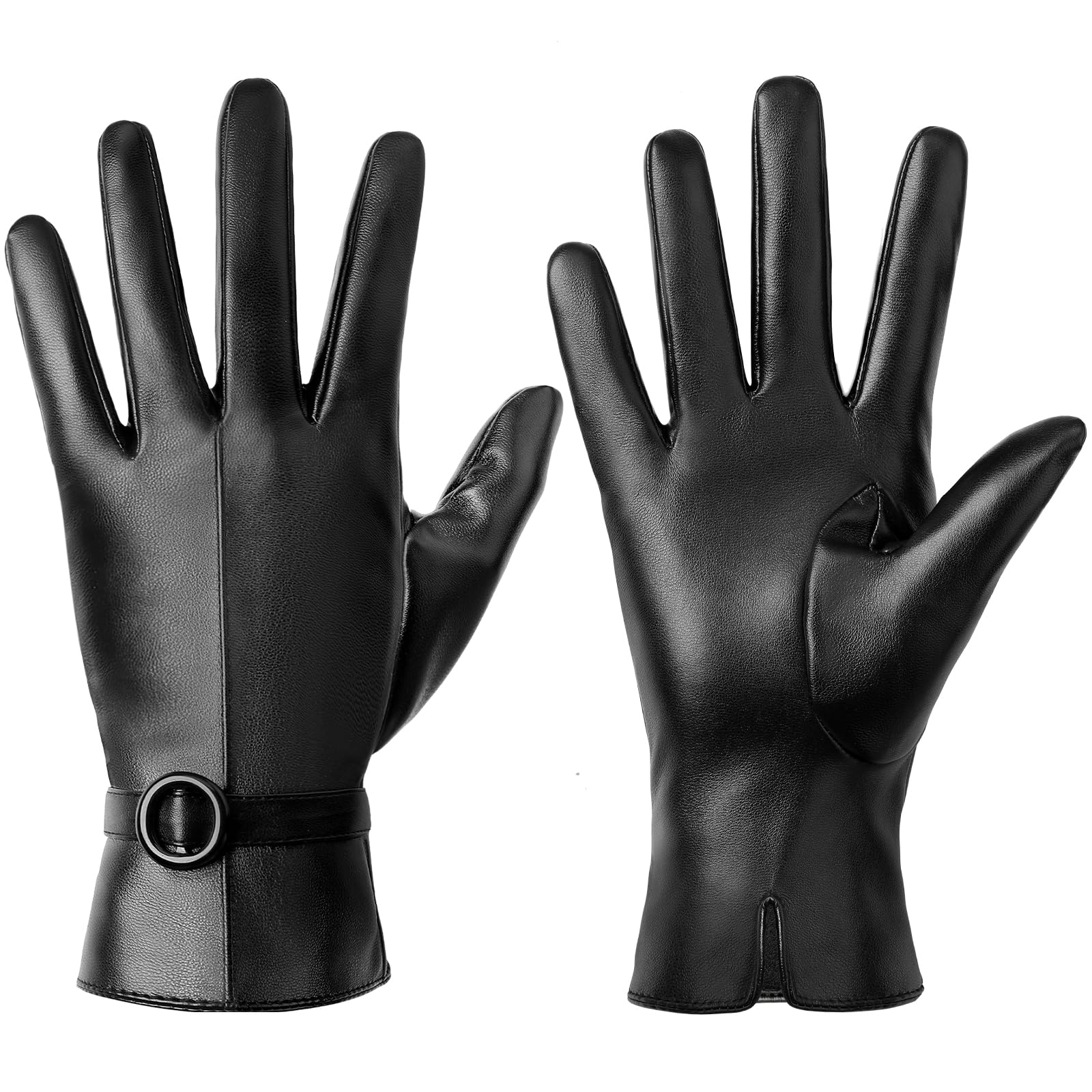 Leather Gloves for Women - Womens Black Leather Winter Gloves, Touchscreen Texting Driving Gloves Women, Warm Fleece Lined Winter Gloves for Women, Thermal Womens Gloves for Cold Weather, Large