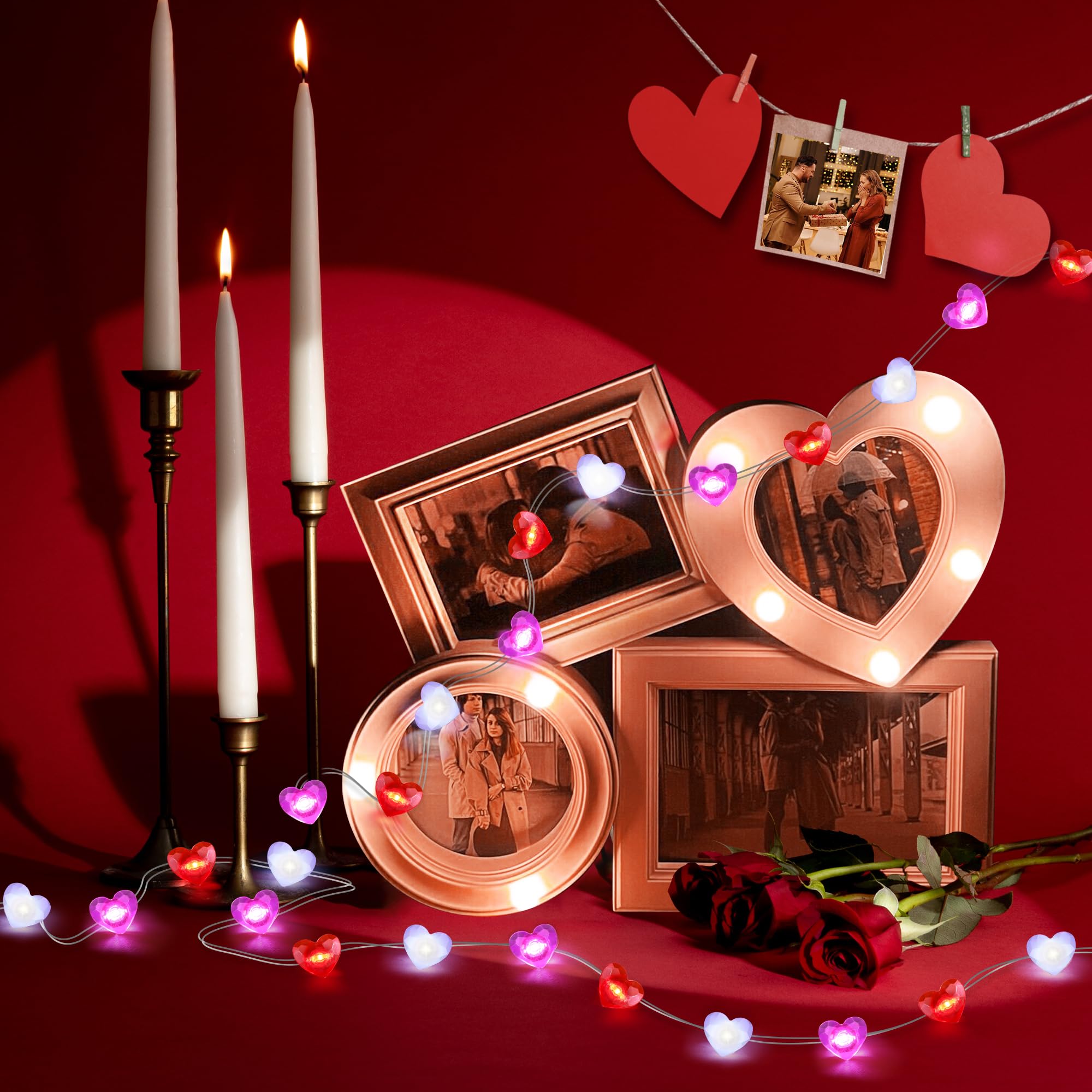 Valentines Day Decor 10FT 30 LED Valentine's Day Lights with Timer, Red Pink White Heart Lights String Battery Operated, 8 Modes Valentines Decorations Heart Fairy Lights Romantic Decor Home Bedroom