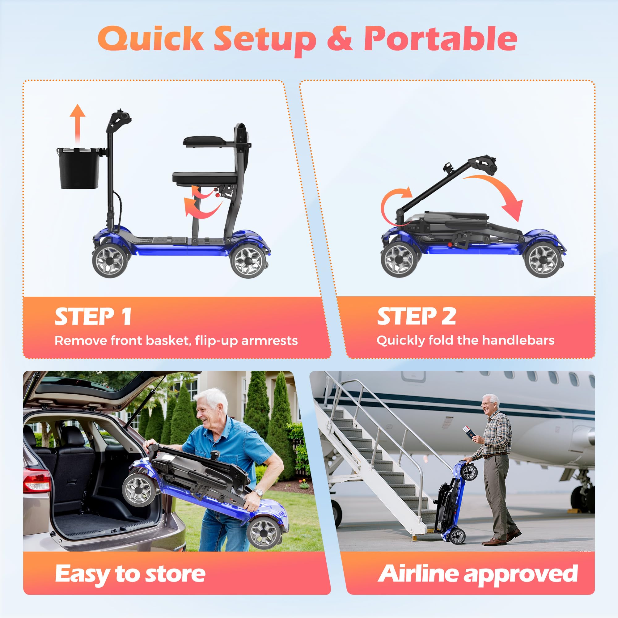 Lightweight Mobility Scooter for Adults & Seniors - Cruise & Airport Approved, 43lb Foldable Portable Motorized Scooters with Removable Lithium Battery for 12.4 Miles Travel, 300lb Capacity, Blue