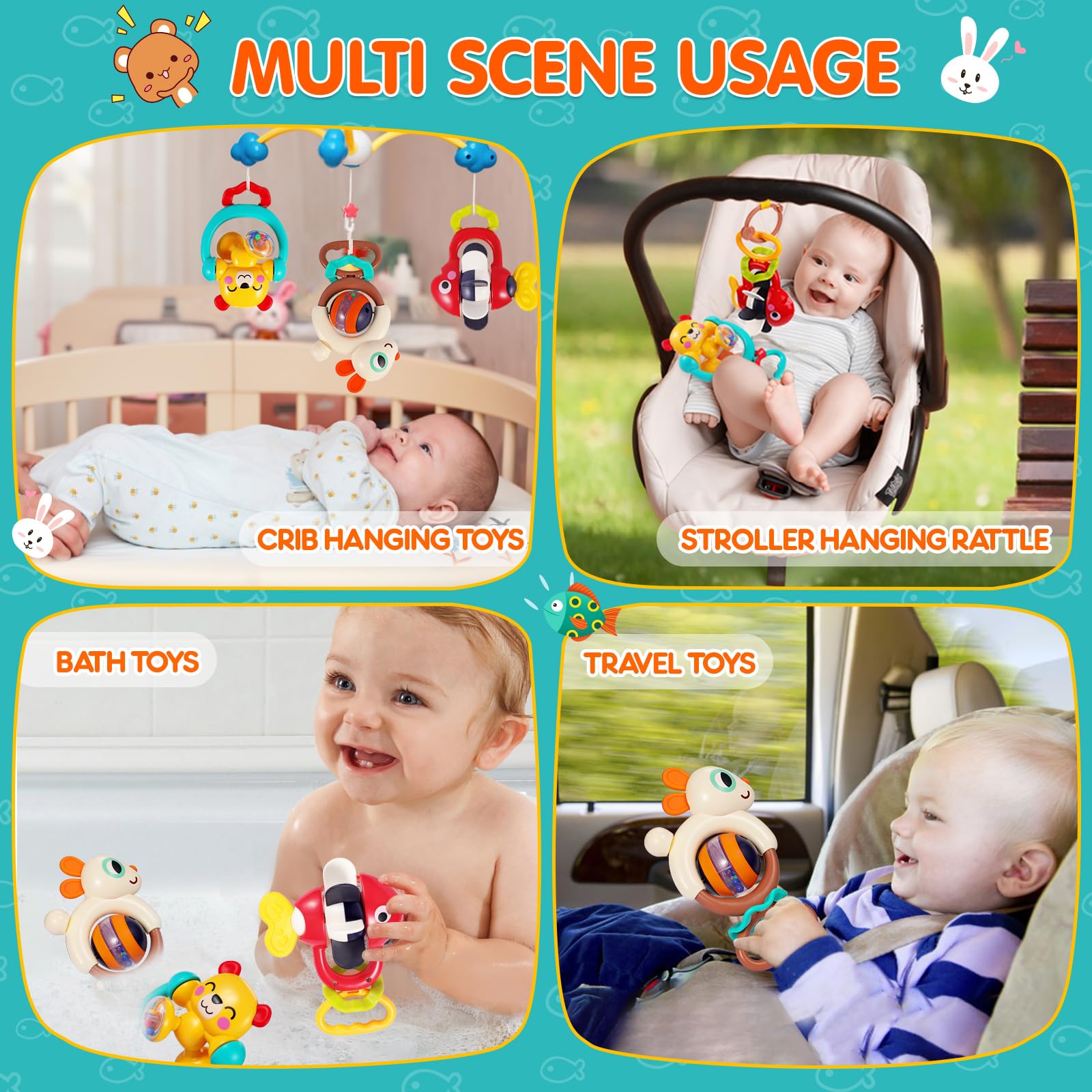 Baby Toys 6-12 Months Infant Toys Set of 3 High Chair Suction Cup Rattle Teething Toys for Baby 6 7 9 12-18 Months 2-in-1 Sensory Development Tray Toy Baby Gifts Boys Girls Easter Basket Stuffers