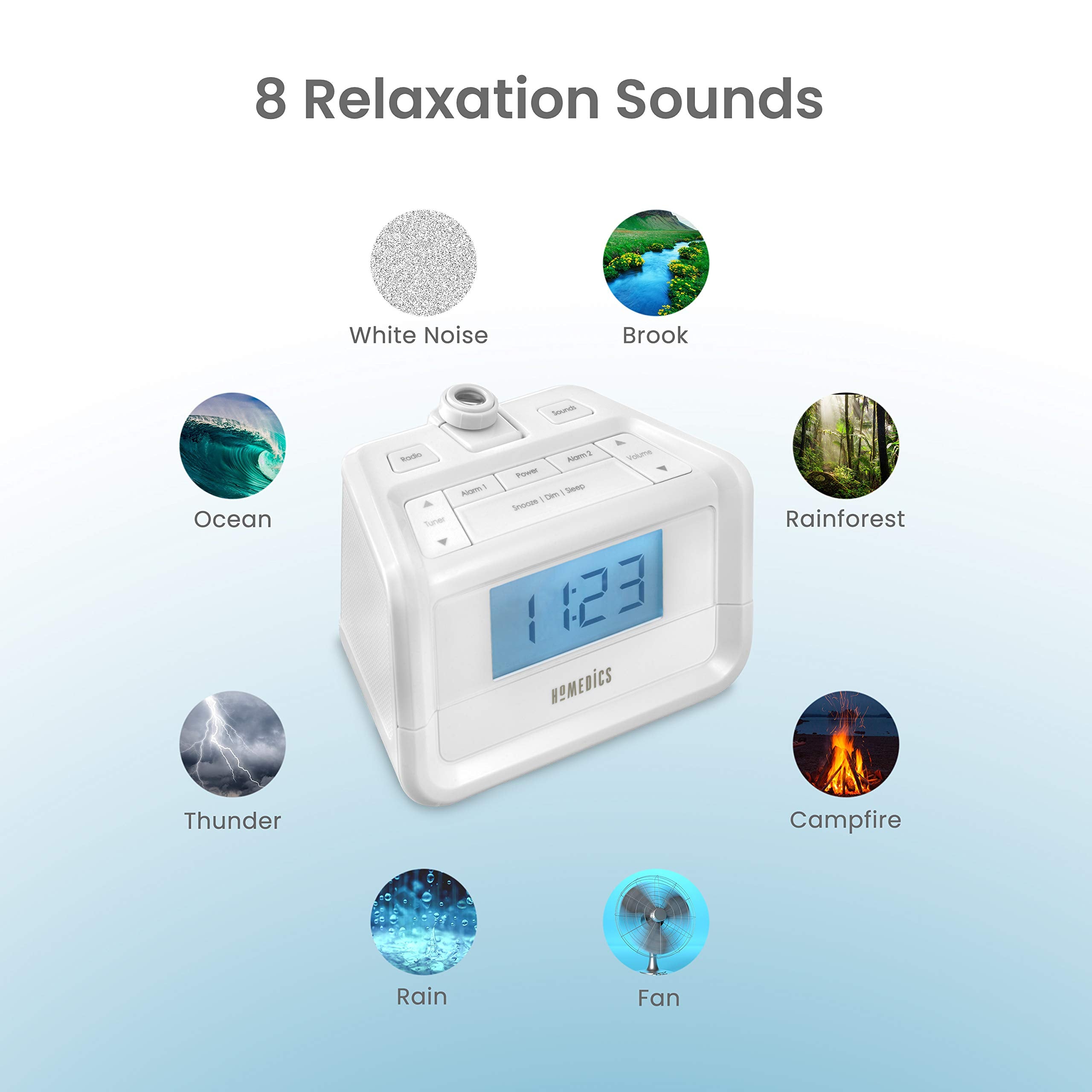 Homedics Dual Alarm Digital FM Clock Radio Time Projection, 8 Relaxing Nature Sounds, LED Display, Multi-Alarm Snooze, Sleep Timer, Nightlight, Ceiling Clock SoundSpa, White