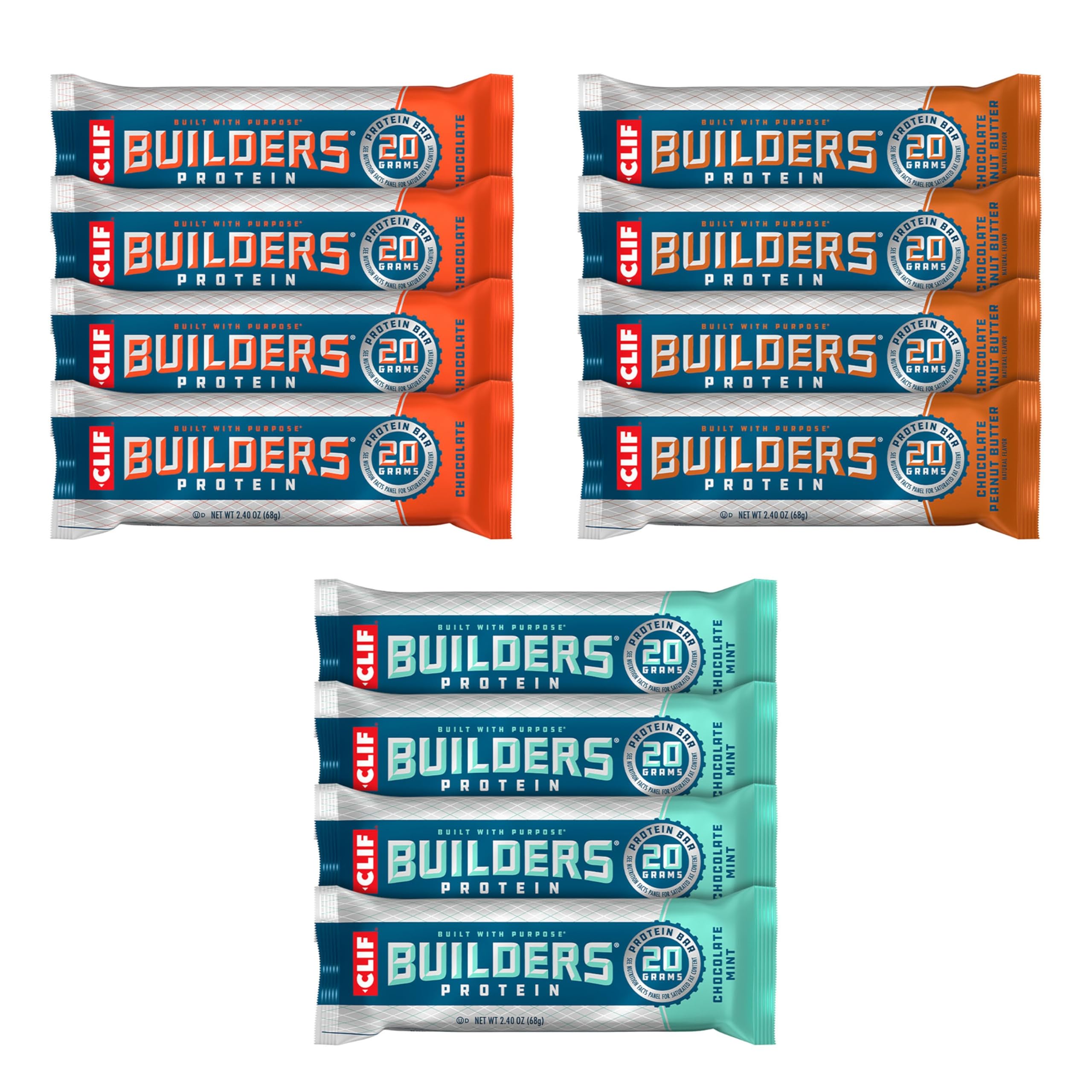 CLIF Builders - Variety Pack - Plant Based Protein Bars - Gluten Free - Non-GMO - Low Glycemic - 20g Protein - 2.4 oz. (12 Count)