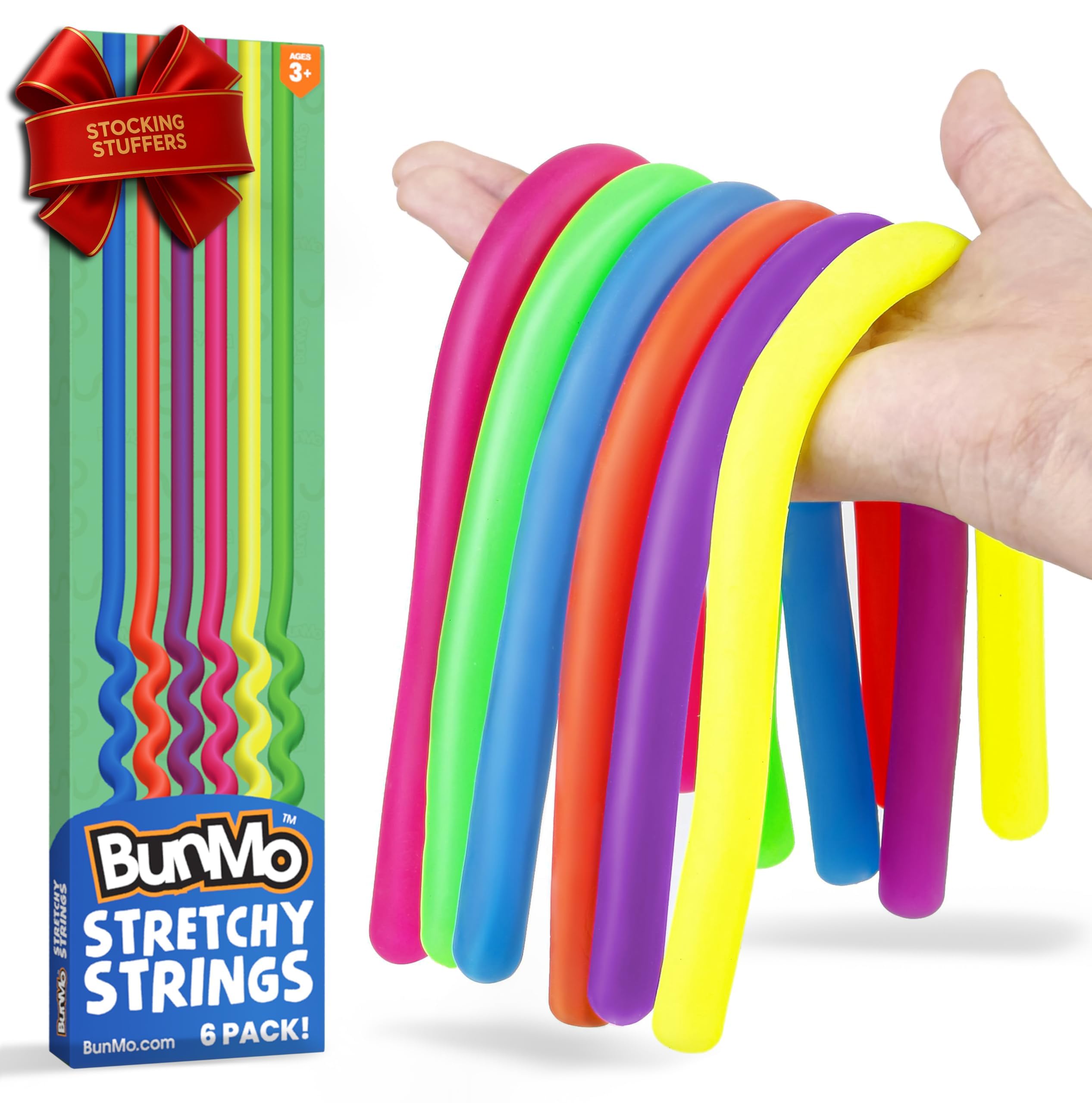 BUNMO Stocking Stuffers for Kids - Stretchy Strings - Sensory Toys - Original - 6 Pack and Stocking Stuffers for Kids - Stretchy Sensory Strings - Glow in The Dark - 6 Pack