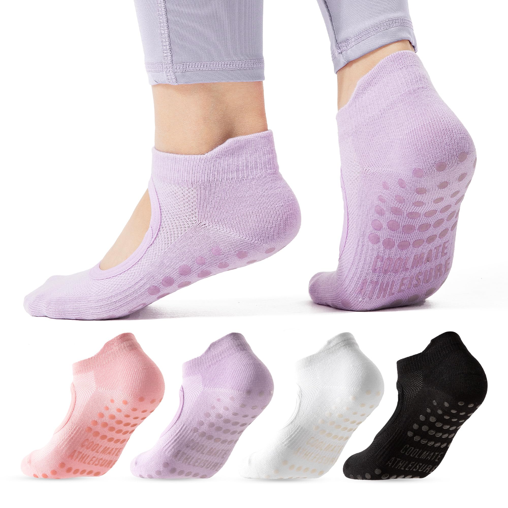 CoolMate Pilates Socks with Grips for Women, Yoga Socks, Crew Non Slip Women for Workout, Barre, Pilates Gifts (US, Numeric, 6, 10, Regular, Regular, 4 Pairs Open Top Pink/White/Light Purple/Black)