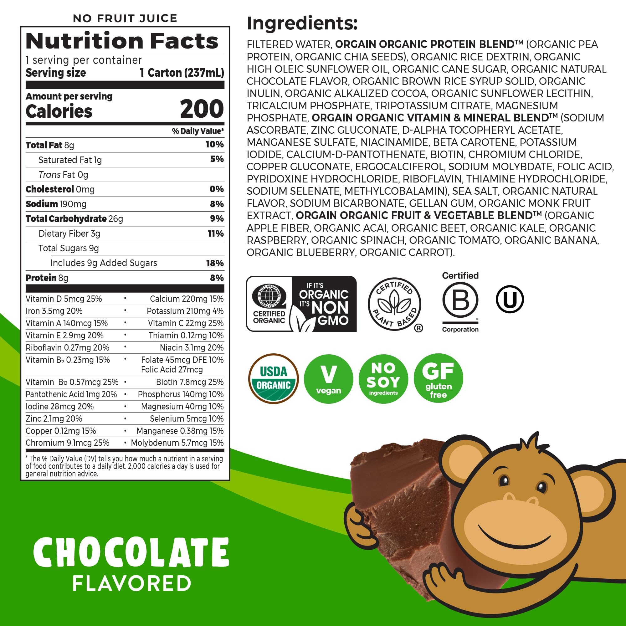 Orgain Organic Kids Nutritional Vegan Protein Shake, Chocolate - Healthy Kids Snacks, 8g Plant Protein, 23 Vitamins & Minerals, 3g Fiber, No Dairy & Soy Ingredients, Non-GMO, 8 Fl Oz (Pack of 12)