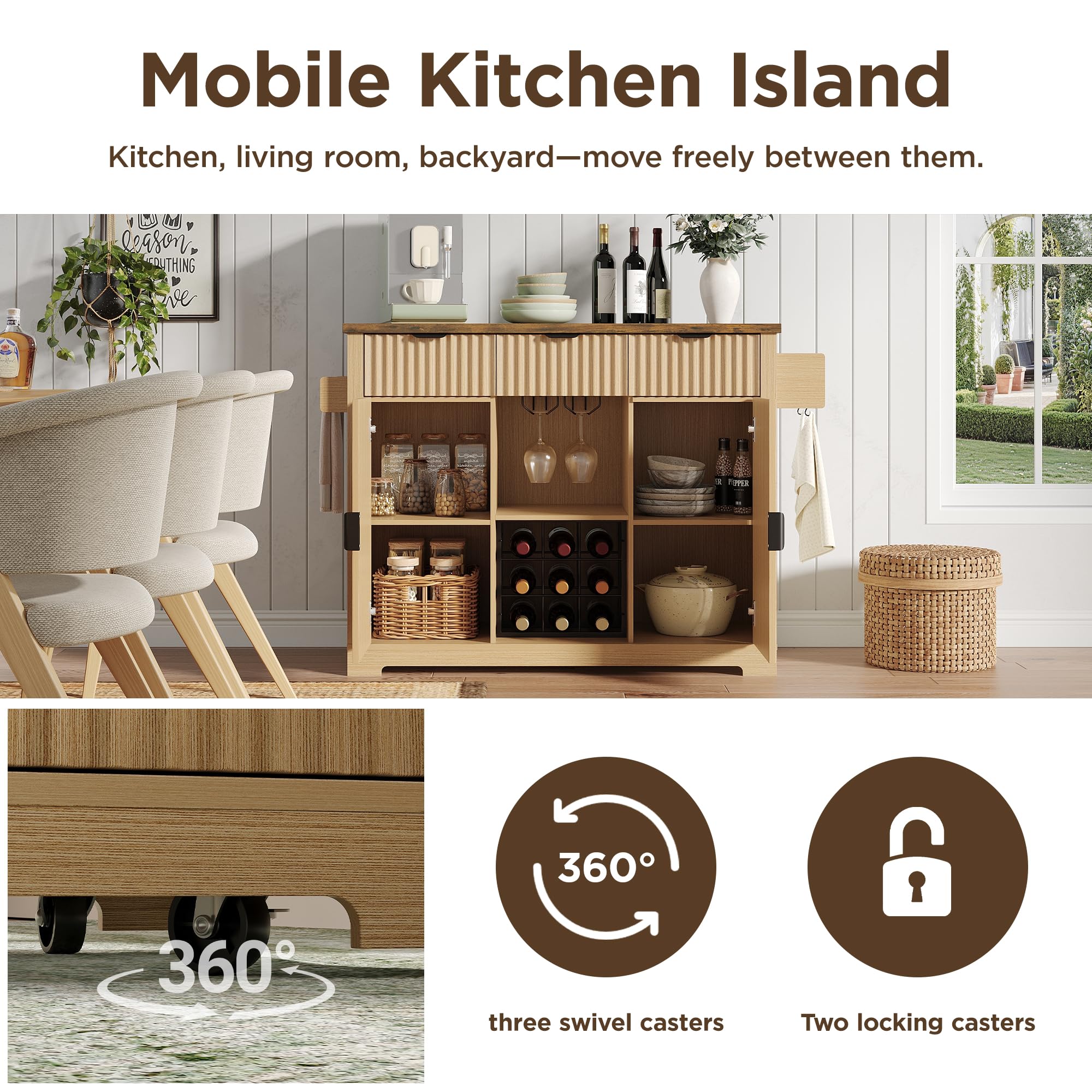 Maupvit 50" Fluted Sideboard Cabinet with Foldable Tabletop, Mobile Buffet Storage Cabinet with 2 Adjustable Cabinets, 3 Drawers, Wine & Glass Rack for Kitchen Dining Room,Natural