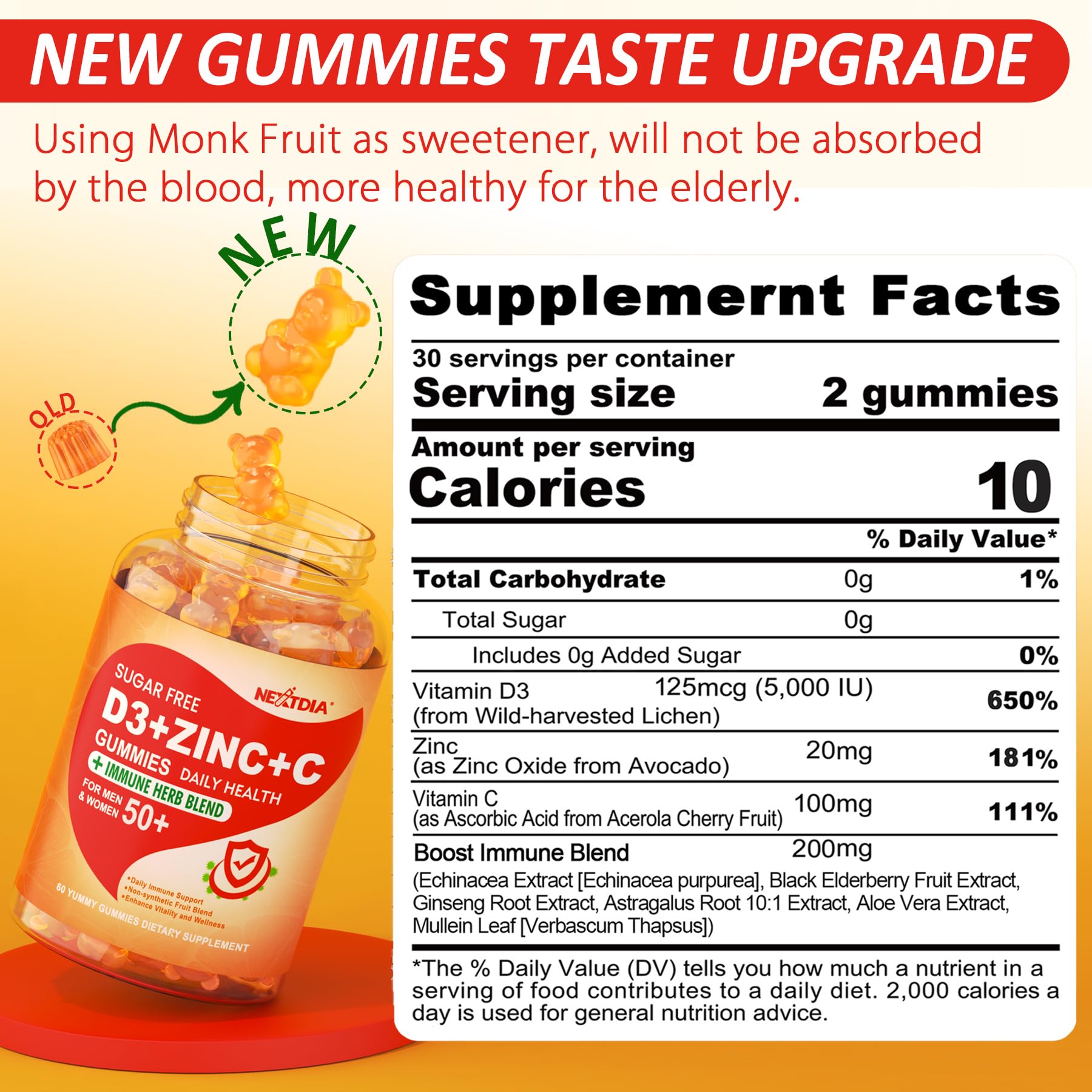 Sugar Free Vitamin C + D3 + Zinc Gummies for Adults 50 +, 9 in 1 Immune Defense Supplement with D3 5000IU, Elderberry, Echinacea, Mullein Leaf for Boost Immunity, Power Antioxidant, Vegan (Pack of 2)