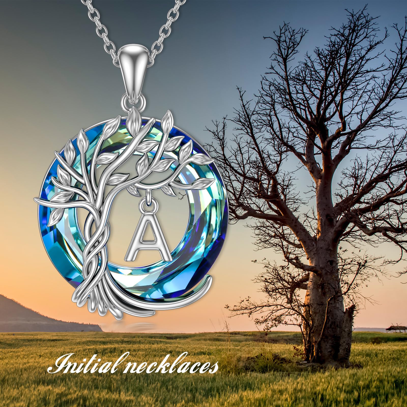 TOUPOP Christmas Gifts Necklace for Women Tree of Life Initial A Letter Pendant Necklace Sterling Silver Irish Tree Jewelry Blue Circle Crystal Anniversary Birthday Gifts for Her Girlfriend Wife Mom