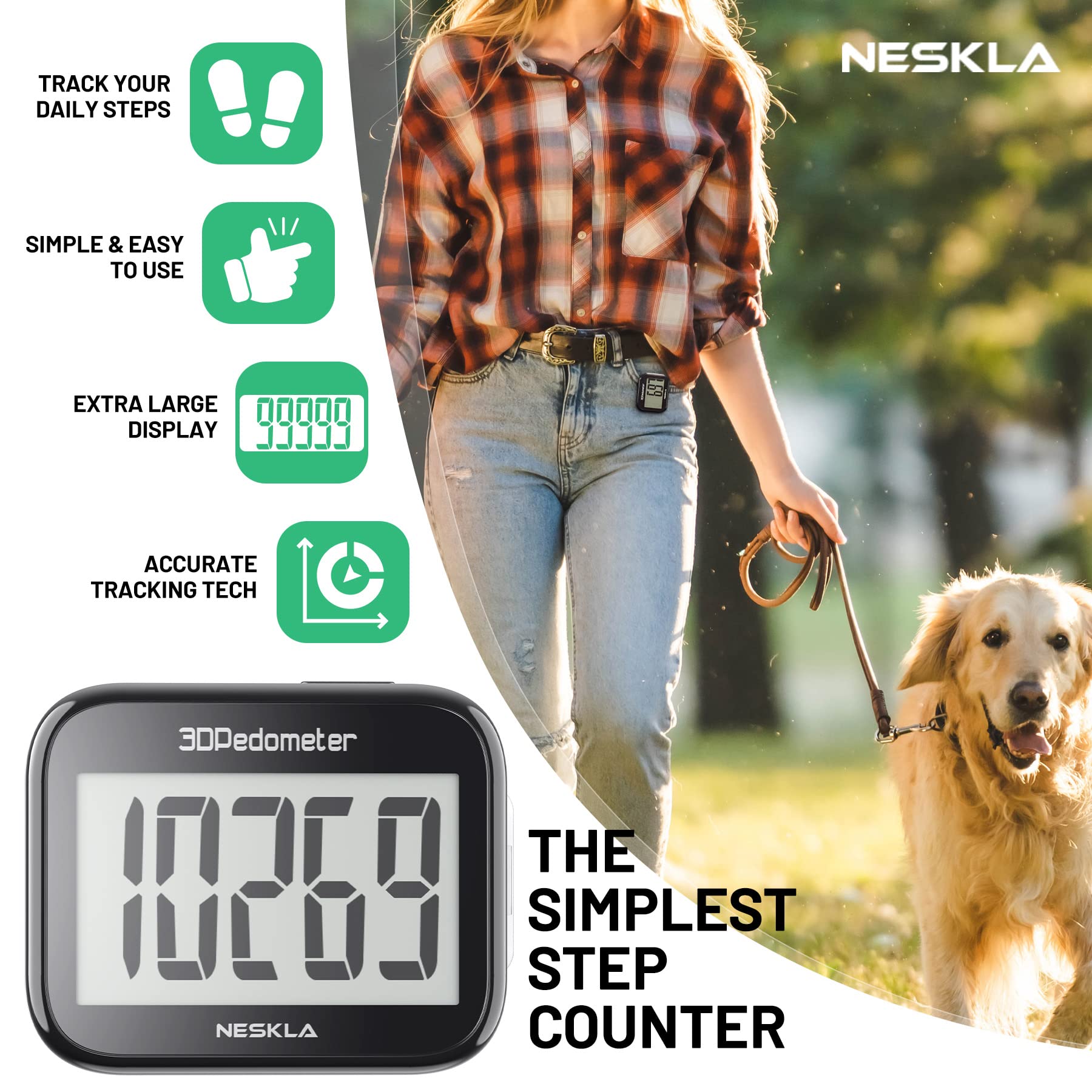 NESKLA 838 3D Pedometer for Walking, Simple Step Counter and Tracker with Large Digital Display, Removable Clip Lanyard, Accurately Track Steps for Men, Women, Kids, Adults, Seniors, Black