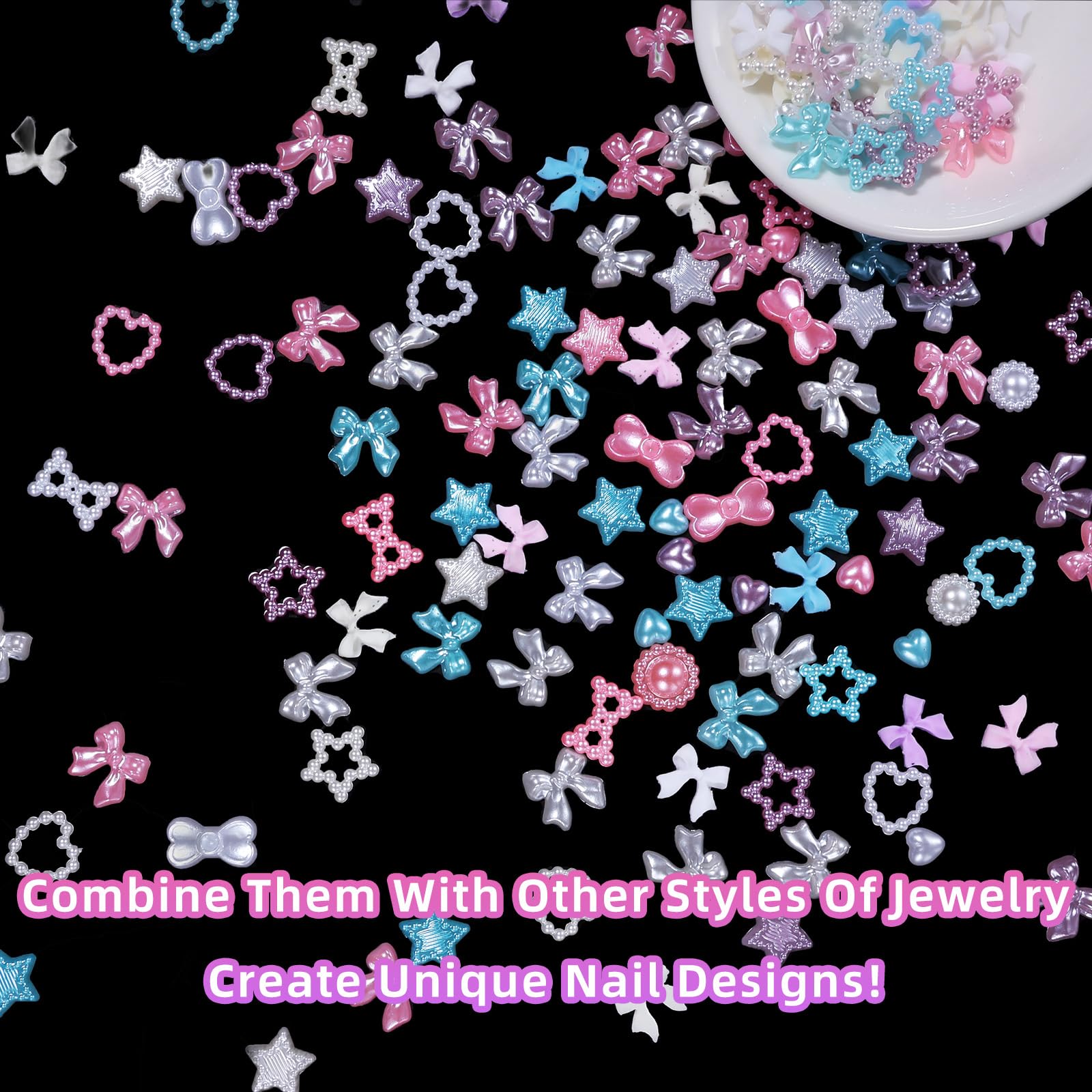 Bows Nail Charms and Flatback Nail Charms, Multi Colors Bows Nail Art Charms+Heart Star Nail Charms, Colorful Acrylic Nail Charms Pearls Nail Jewelry Charms for Nails Art DIY Crafts Accessories