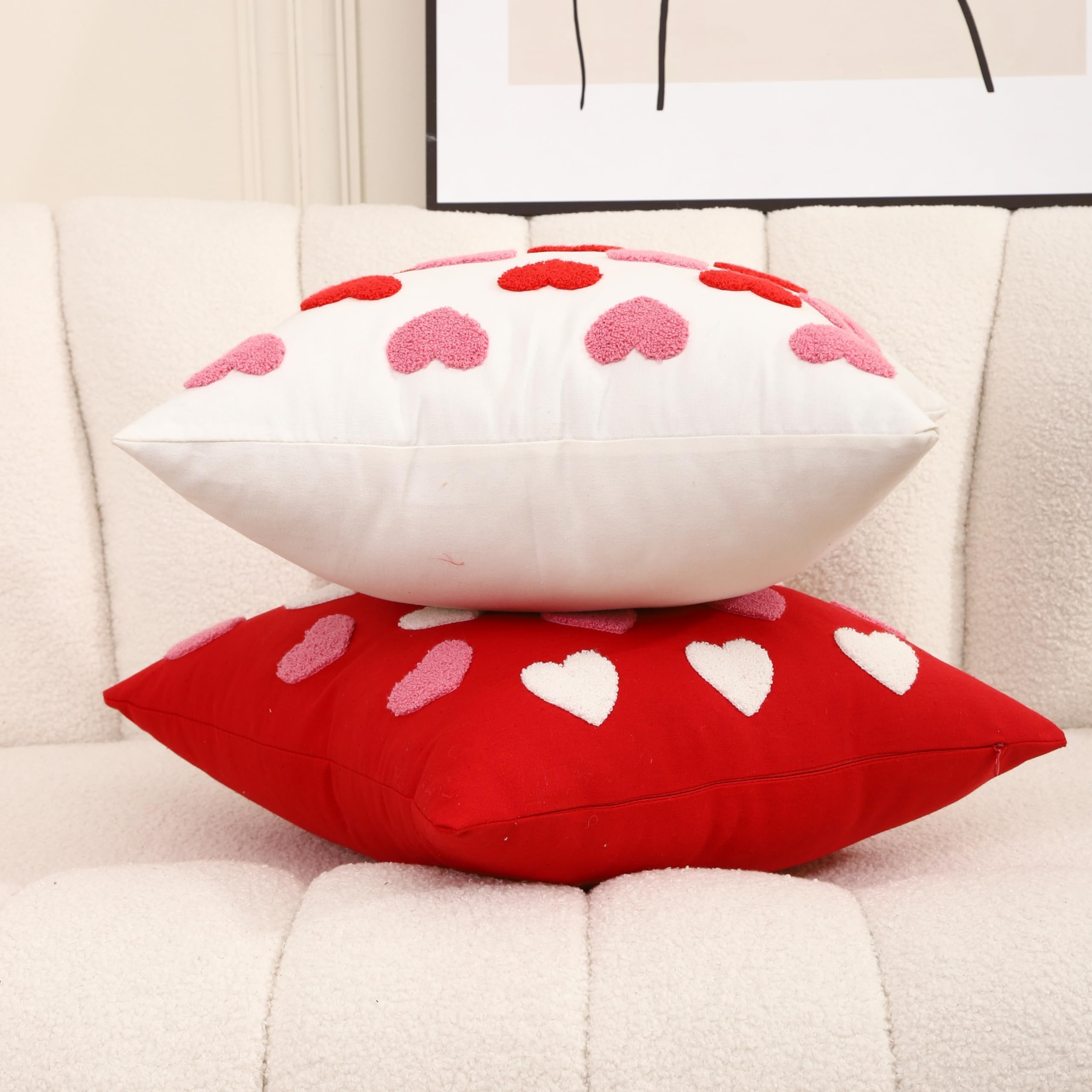 WOKANI Valentines Day Throw Pillow Covers 18x18 Set of 2 Heart Love Couples Decorations Embroidery Cushion Covers Home Decor for Couch Girlfriend Sofa Bedroom, White Red Pink