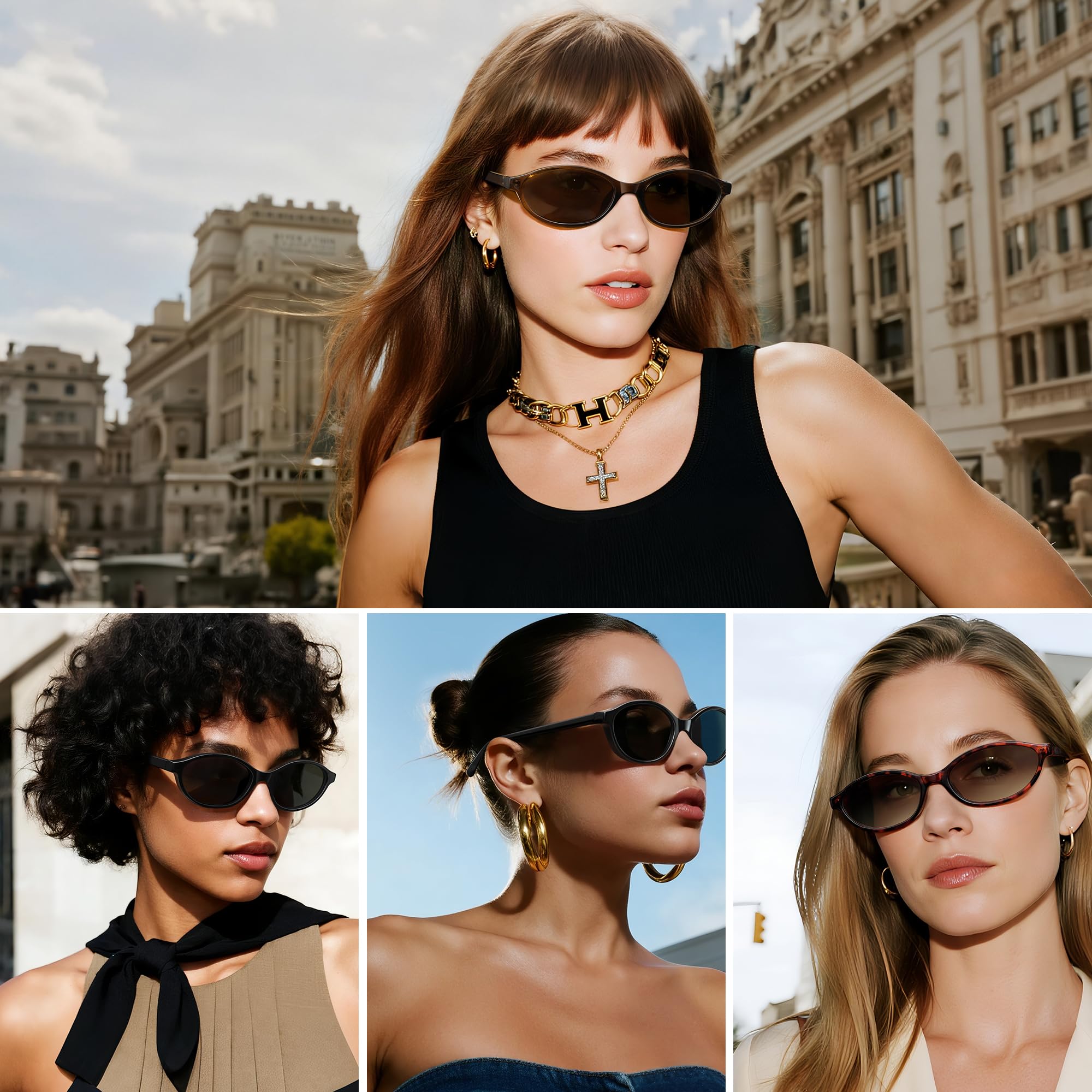 phikttu Sunglasses Womens Retro Oval Sunglasses for Women - Cat Eye 90s Glasses Y2K UV400 Lightweight Narrow Shades