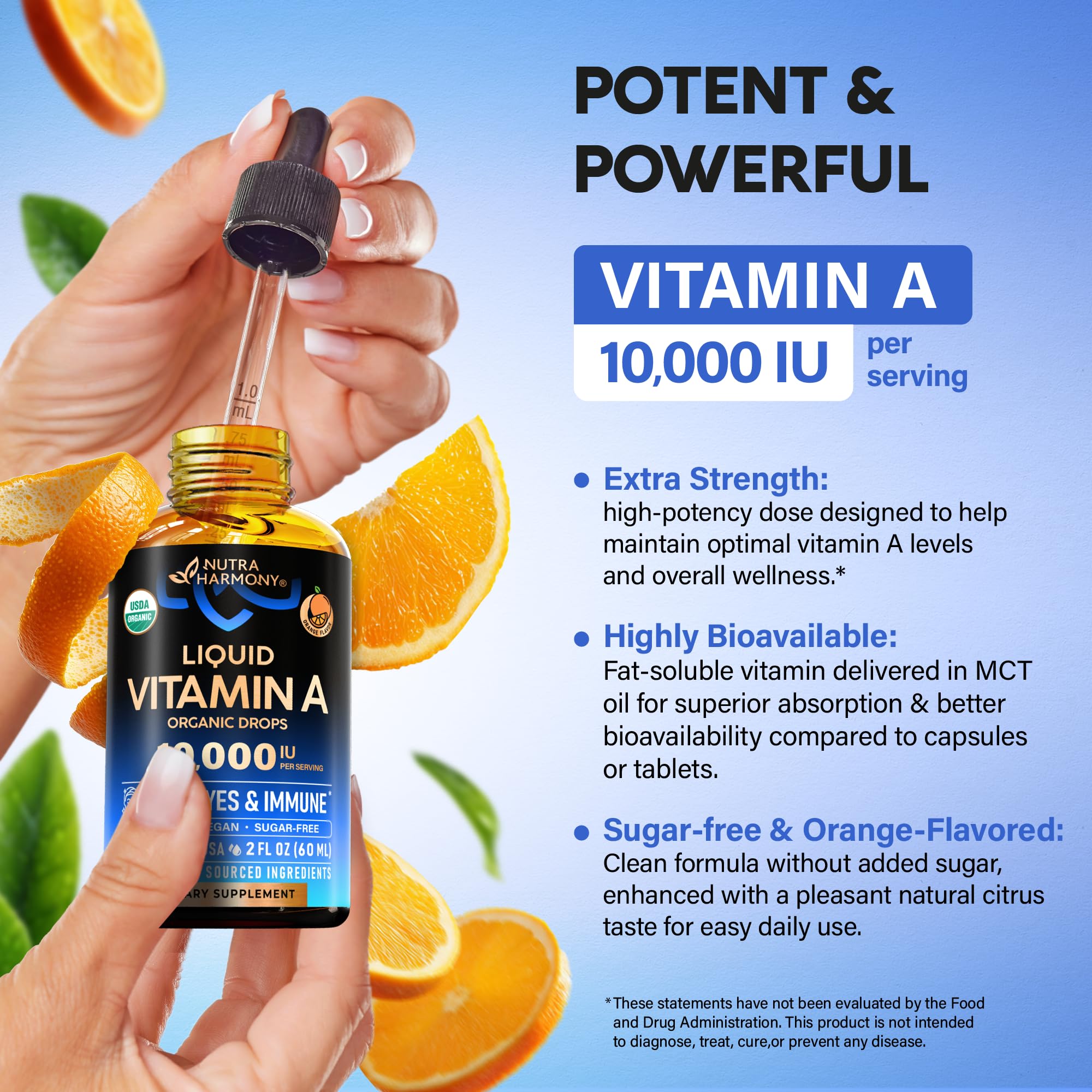 USDA Organic Vitamin A 10000 IU - Vitamin A Supplement Liquid Drops - Extra Strength for Skin Health, Eyes & Immune Support - Orange Flavour - Vegan & Sugar-free, Made in USA - 2 Fl Oz, 240-Day Supply