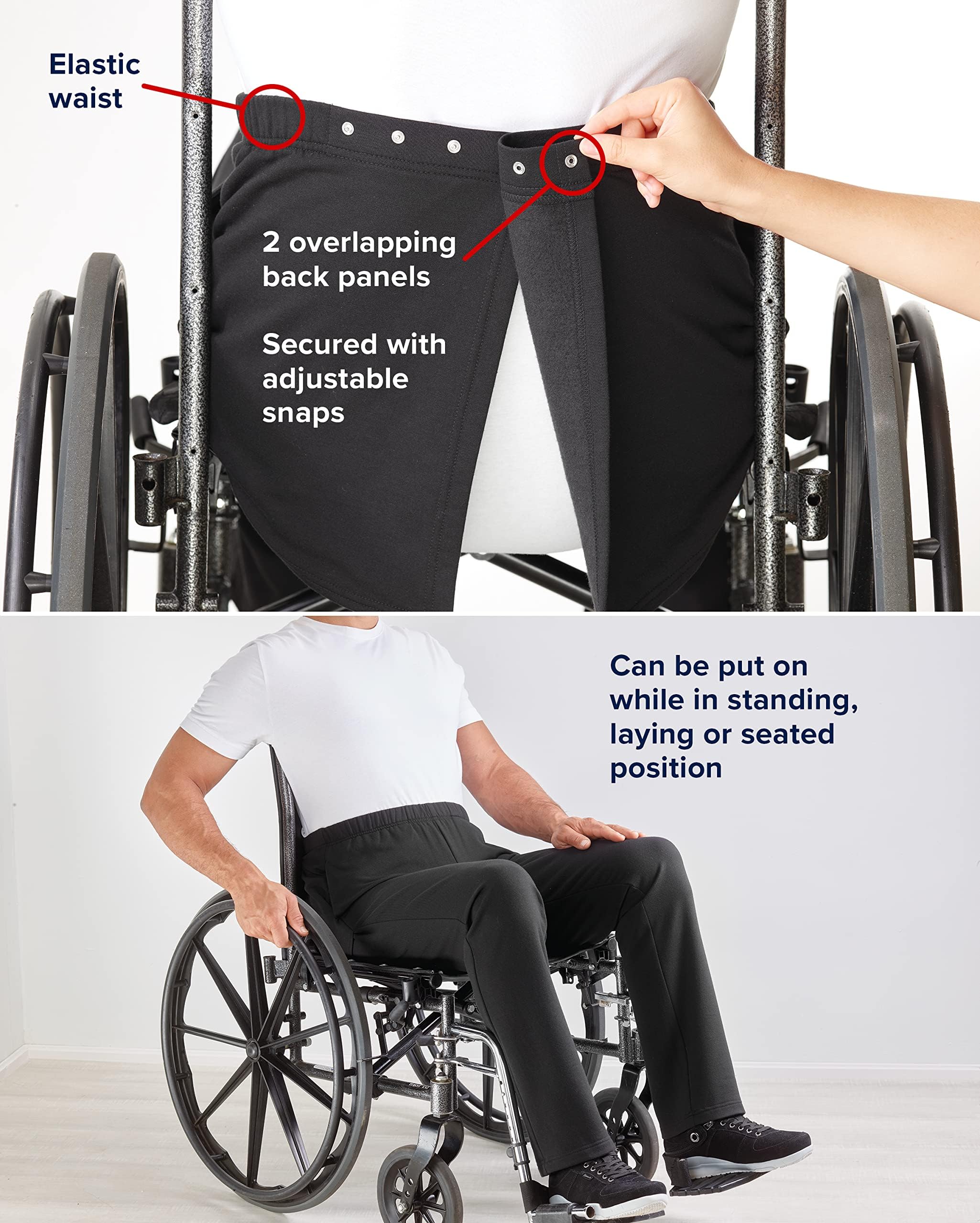 Silverts Men's Open Back Magnetic Fly Pants - Adaptive Clothing for Elderly Daily Living - Senior Dressing Mobility Aid for Disabled - Snap Buttons and Elastic Waist Pants - Black MED