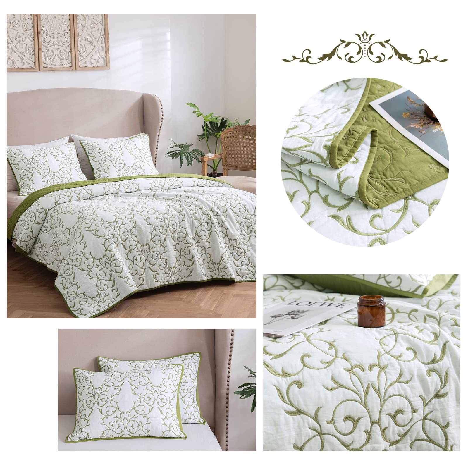 mixinni Reversible 3-Piece Green Embroidery Pattern Elegant Cotton Quilt Set with Embroidered Decorative Shams Soft Bedspread&Coverlet Set-King Size