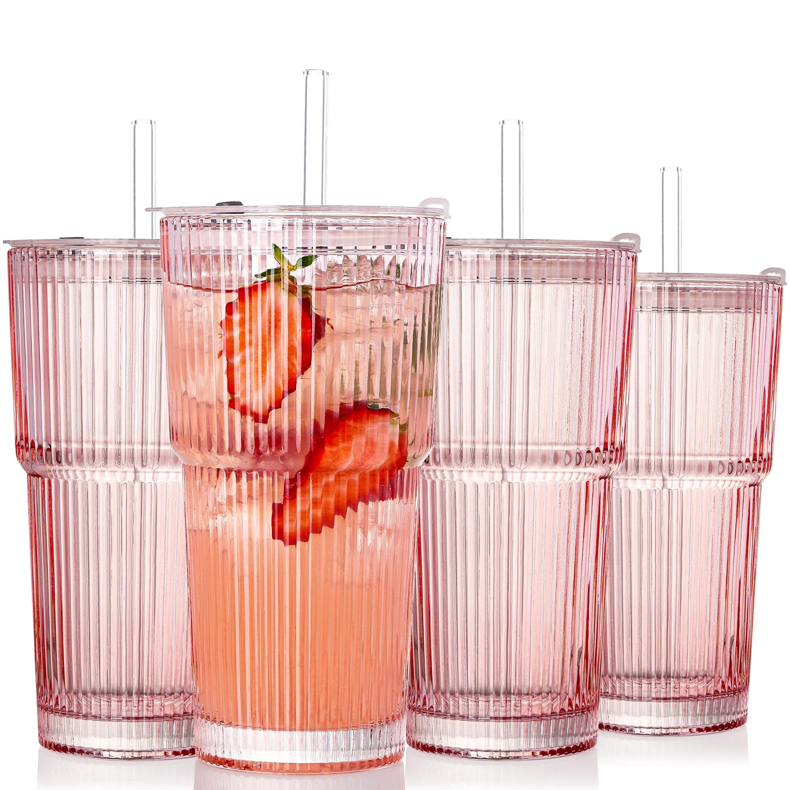 SIPBYSOP 4PCS Ribbed Glass Cups with Lids and Straws, 20oz Vintage Drinking Glasses, Aesthetic Iced Coffee Cups, Glass Tumbler for Boba, Beer, Tea, Cocktails, Ribbed Glassware Set,Pink