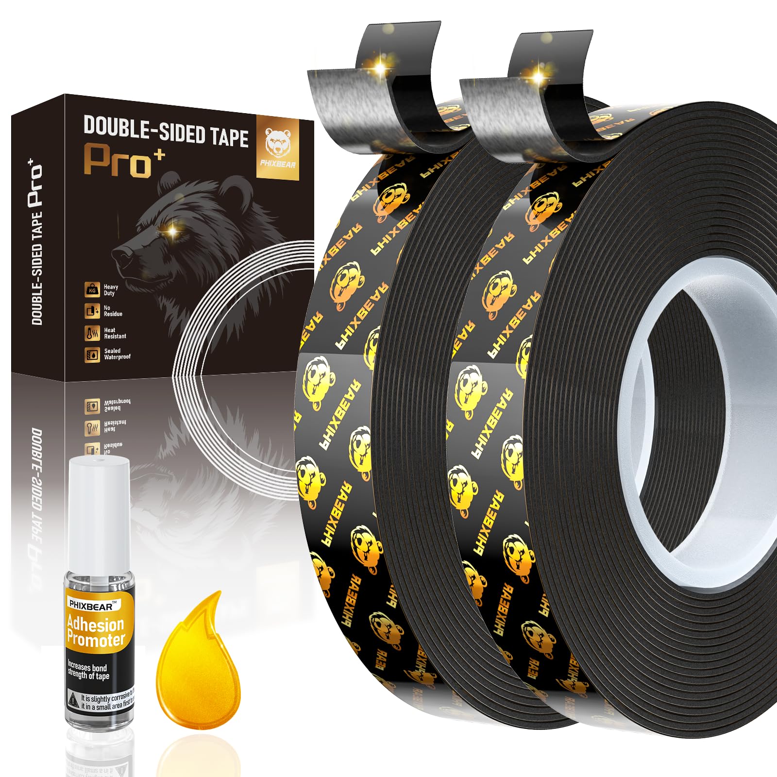 PHIXBEAR 2 Rolls Double Sided Tape Heat Resistant Heavy Duty Pro+, Super Strong Mounting Foam Tape for Automotive, LED Strip, Weatherproof Removable No Residue 0.4" x 19.7 FT