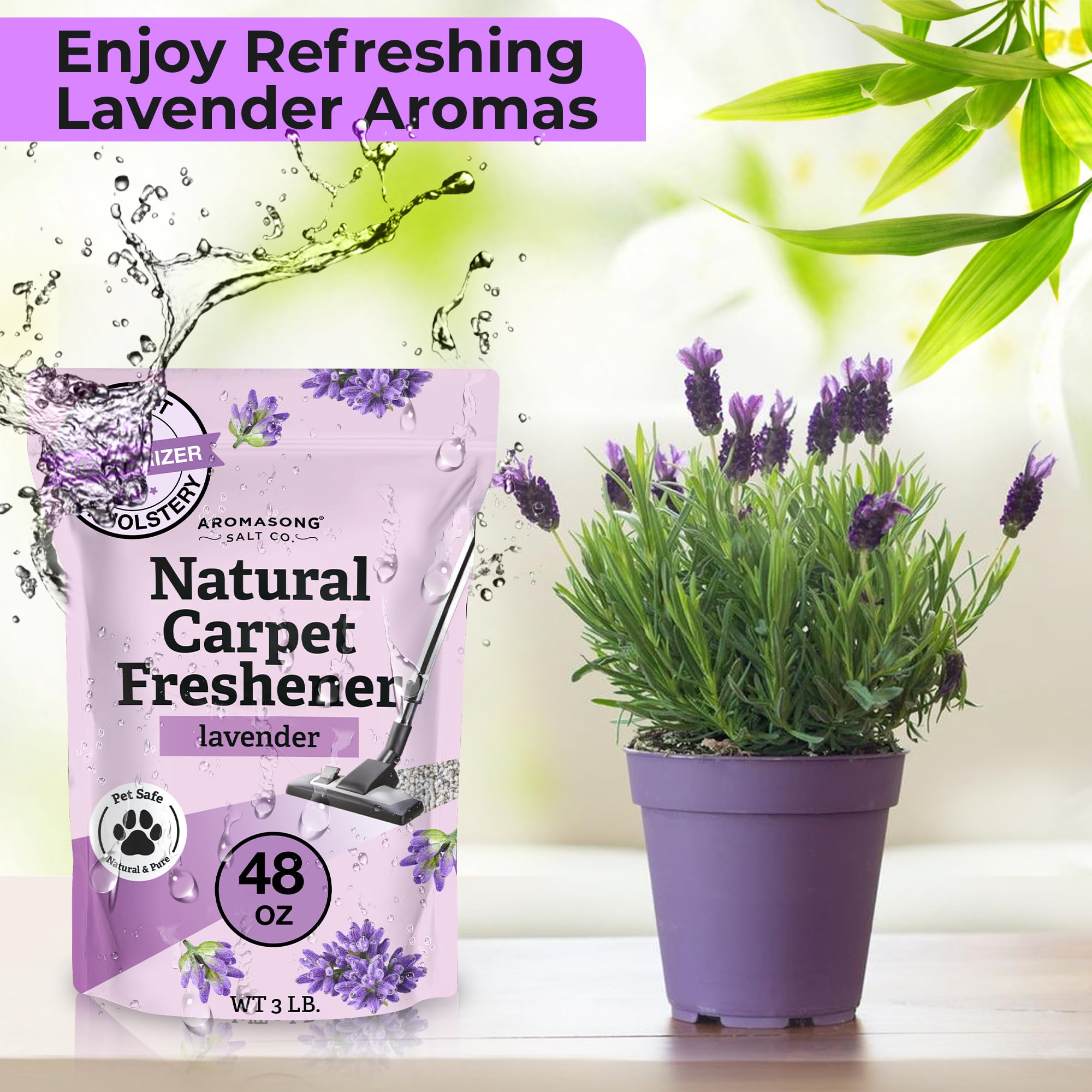 Aromasong Carpet Deodorizer Powder- 2-Pack -100% Natural Lavender Carpet Freshener - Safe For Pets - Carpet Powder For Vacuuming - Effective Pet Odor Eliminator For Strong Odor & Pet Urine - 13 Oz.