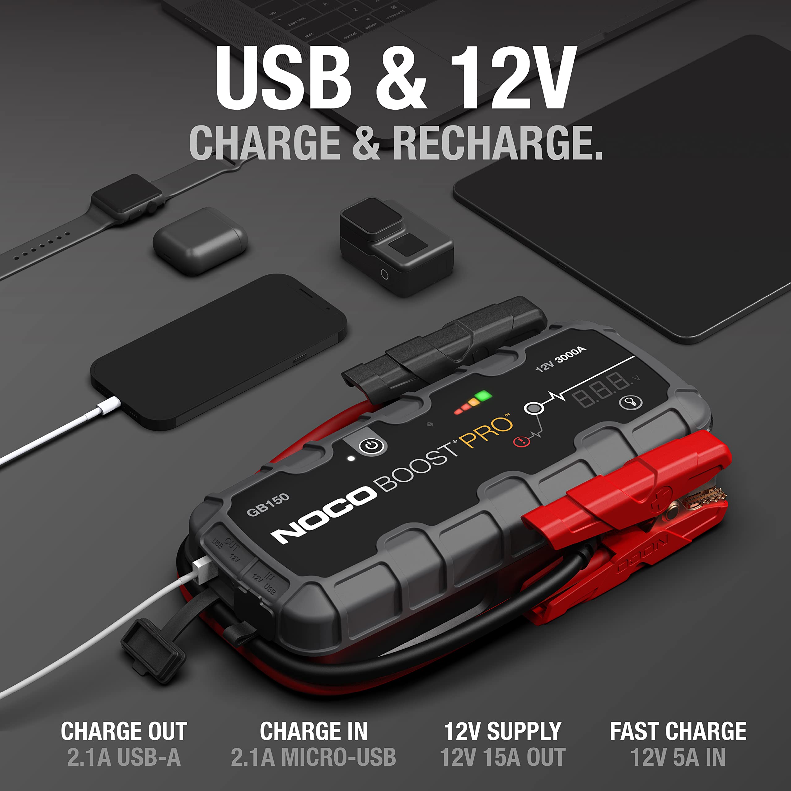 NOCO Boost Pro GB150 3000A UltraSafe Car Battery Jump Starter, 12V Battery Pack, Battery Booster, Jump Box, Portable Charger and Jumper Cables for 9.0L Gasoline and 7.0L Diesel Engines