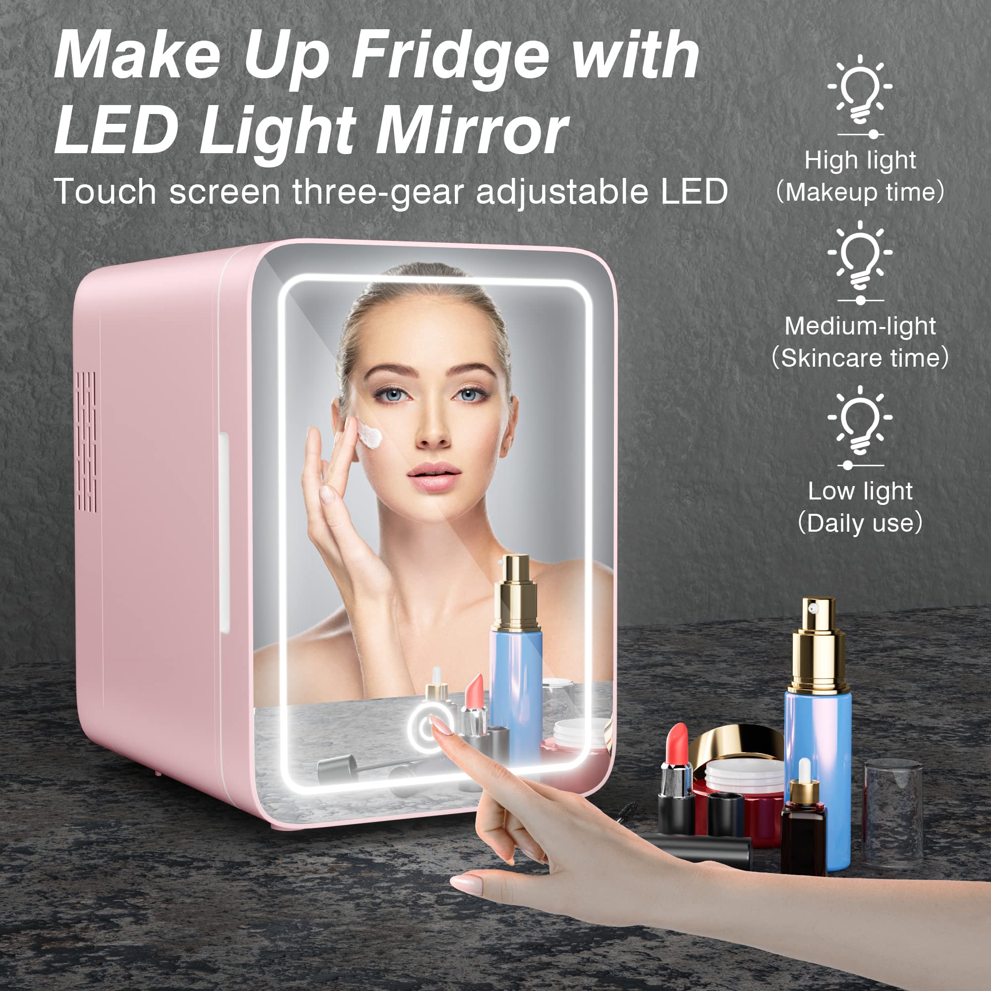 Easy-Take Skincare Fridge - Mini Fridge with Dimmable LED Mirror (4 Liter/6 Can), Cooler and Warmer, Makeup Fridge for Skincare and Food, Mini Fridge for Bedroom, Office and Car, White