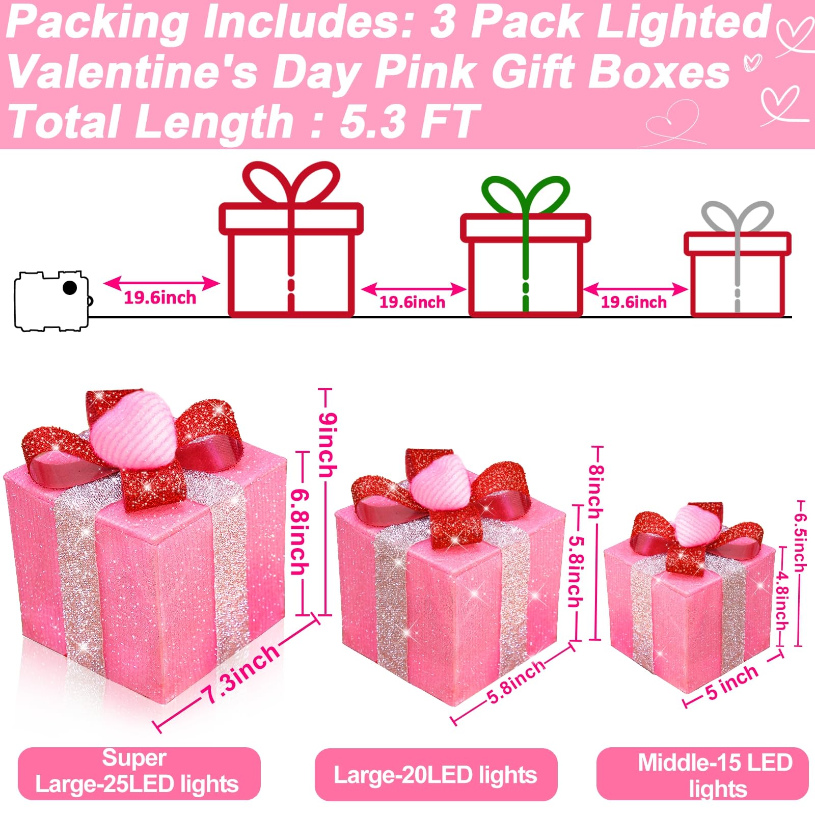 [Timer&8 Mode] 3 Pack Pink Valentines Decorations Christmas Lighted Gift Boxes with Pink Hearts Silver Glitter Fabric 60 LED Battery Operated Present Box Pink Decor for Room, Wedding, Valentines Gifts