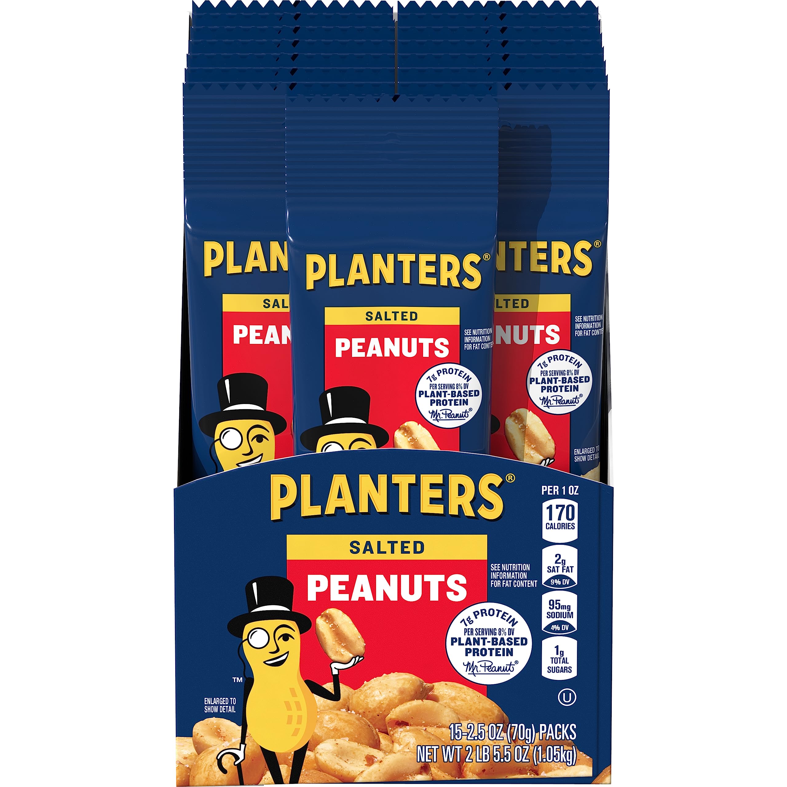 PLANTERS Salted Peanuts, Nuts Individual Packs, Party Snacks, Snack Nuts, Snacks On the Go, Plant-Based Protein, Snacks for Adults, After School Snack, Kosher, 2.5oz (15 Pack)