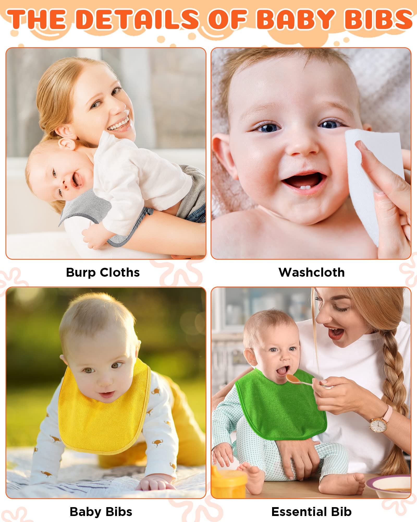 30 Pack Baby Muslin Bandana Drool Bibs for Baby Boys Girls Multicolor Solid Terry Cotton Bibs Unisex Waterproof Baby Feeder Bibs with Fiber Filling Adjustable Newborn Bibs for Teething and Drooling