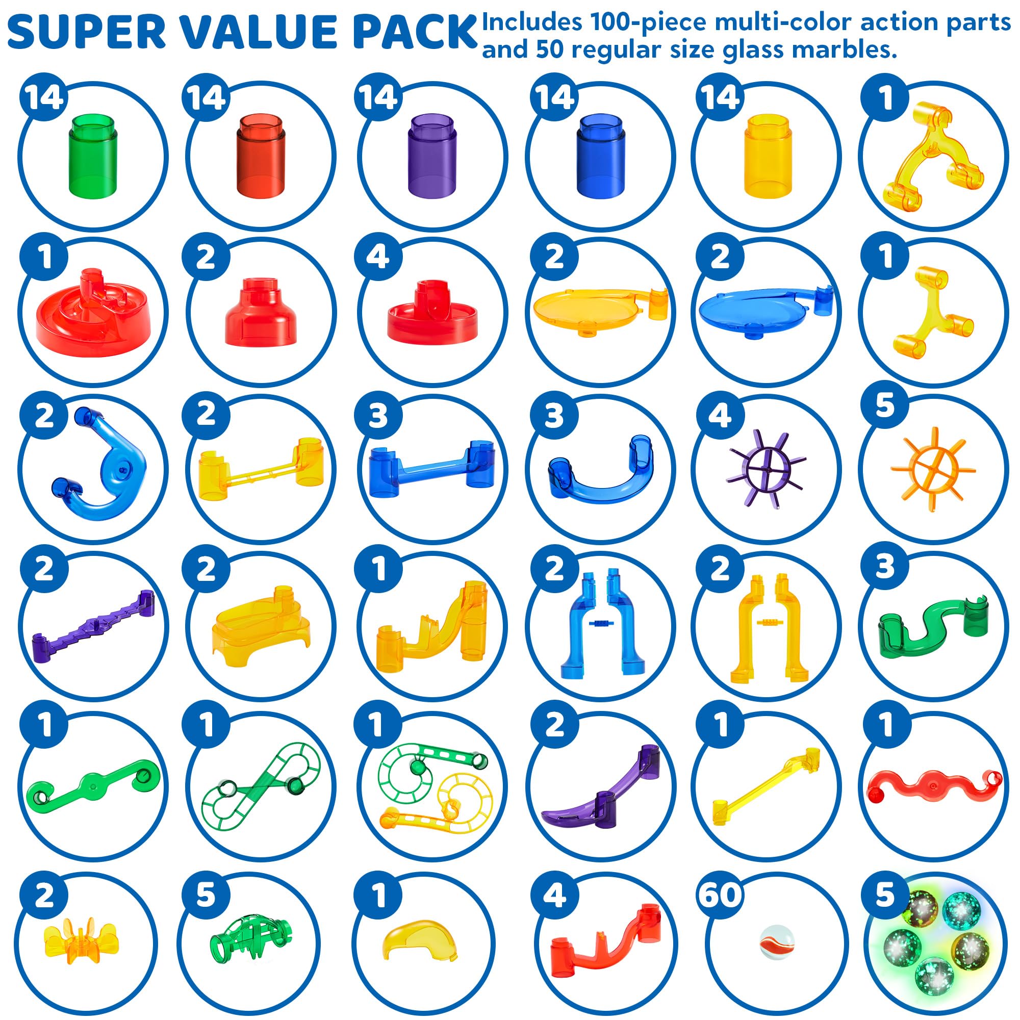 JOYIN 207Pcs Glowing Marble Run, Construction Building Blocks Toys with 5 Glow in The Dark Glass Marbles, STEM Toy for Boys and Girls, Educational Toy(147 Plastic Pieces + 60 Glass Marbles)