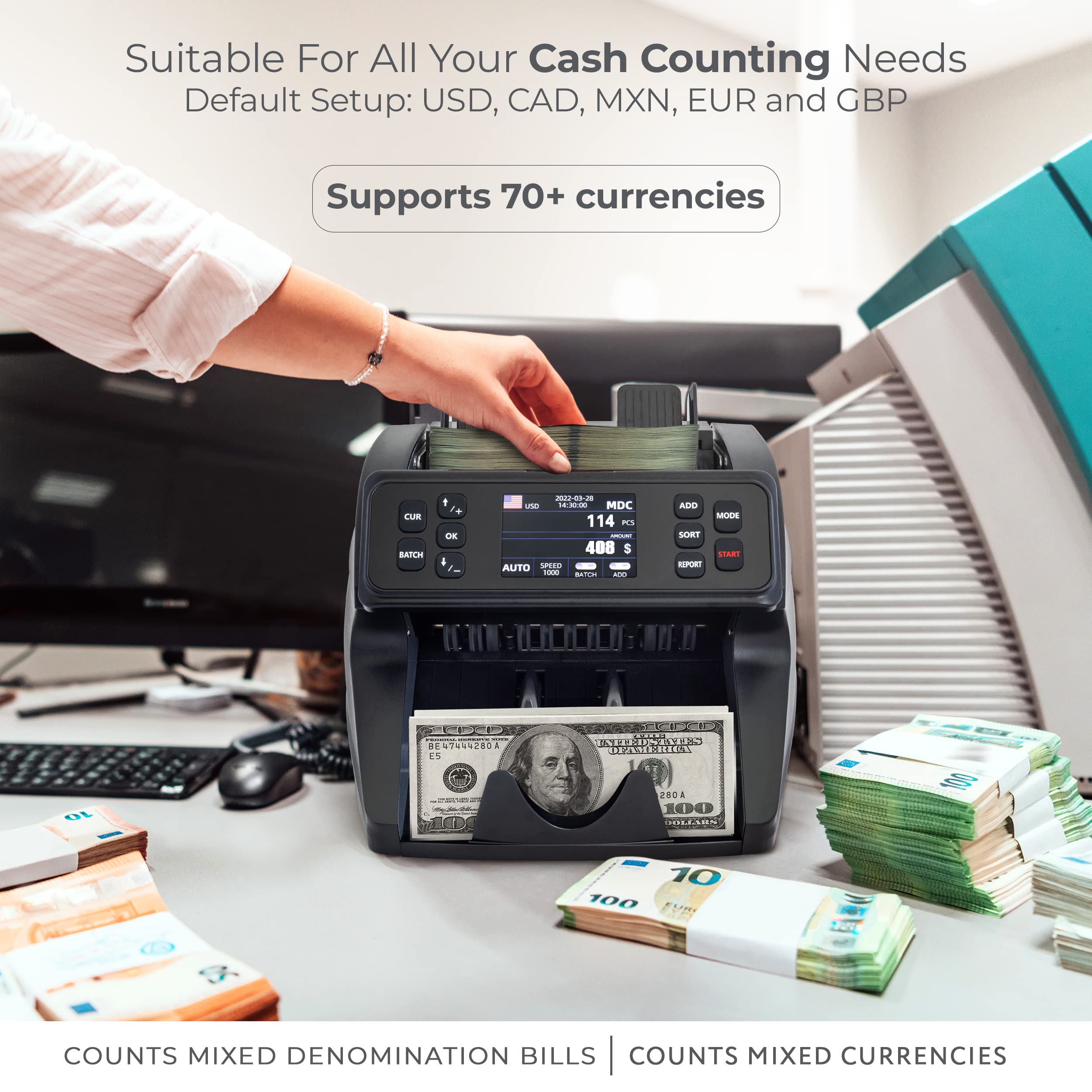 DETECK DETECK DT500 Money Counter Machine Mixed Denomination, Multi Currency Business Grade Bill Counter Machine, 1CIS/UV/MG Counterfeit Detection, Currency Counter, Value Count & Print
