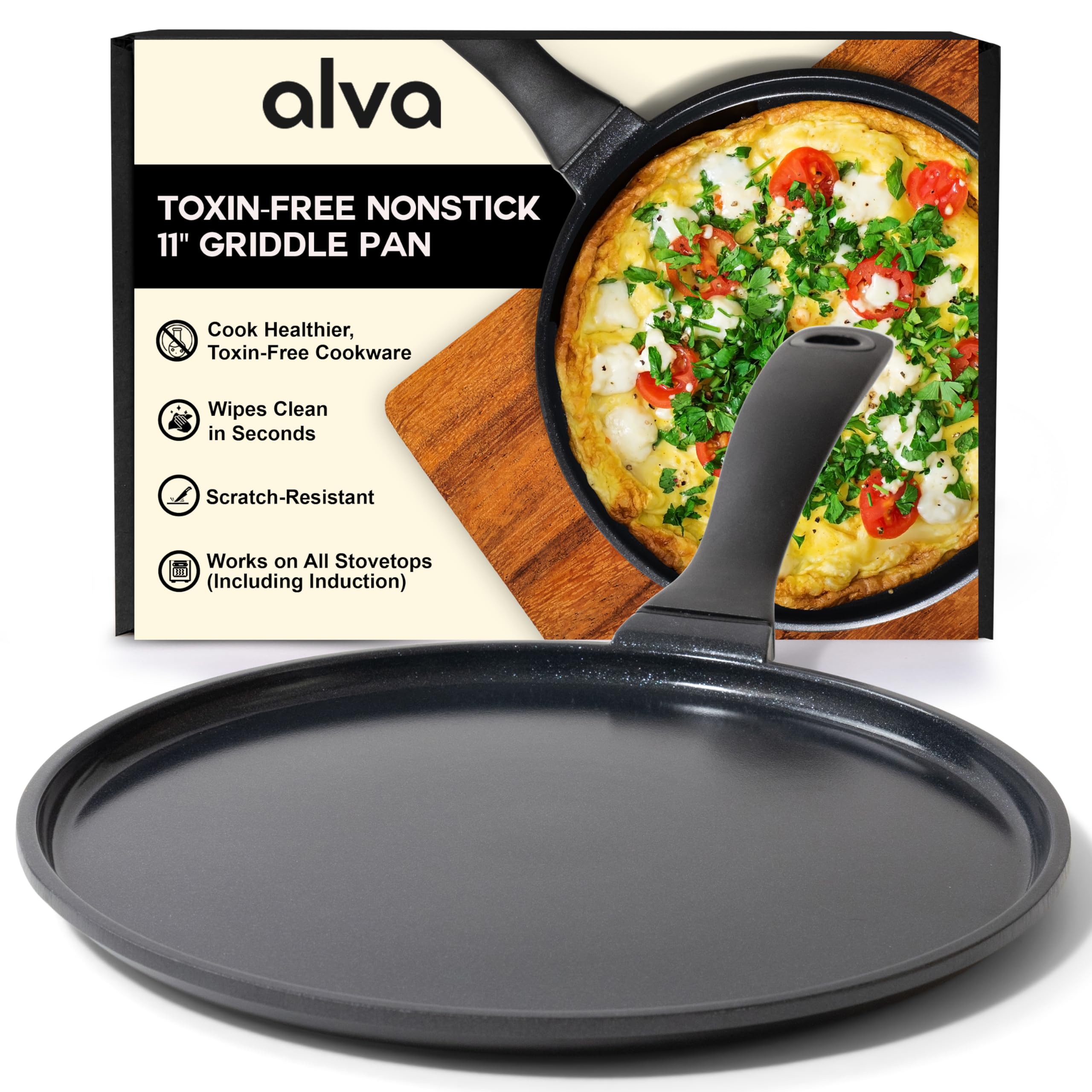 Alva Energy 11″ Ceramic Nonstick Crepe Pan – No PFAS/PFOA/PTFE, Ultra‑Low Oil Release, Works on Gas/Electric/Induction, Lightweight & Easy Cleanup & Stay-Cool Handle
